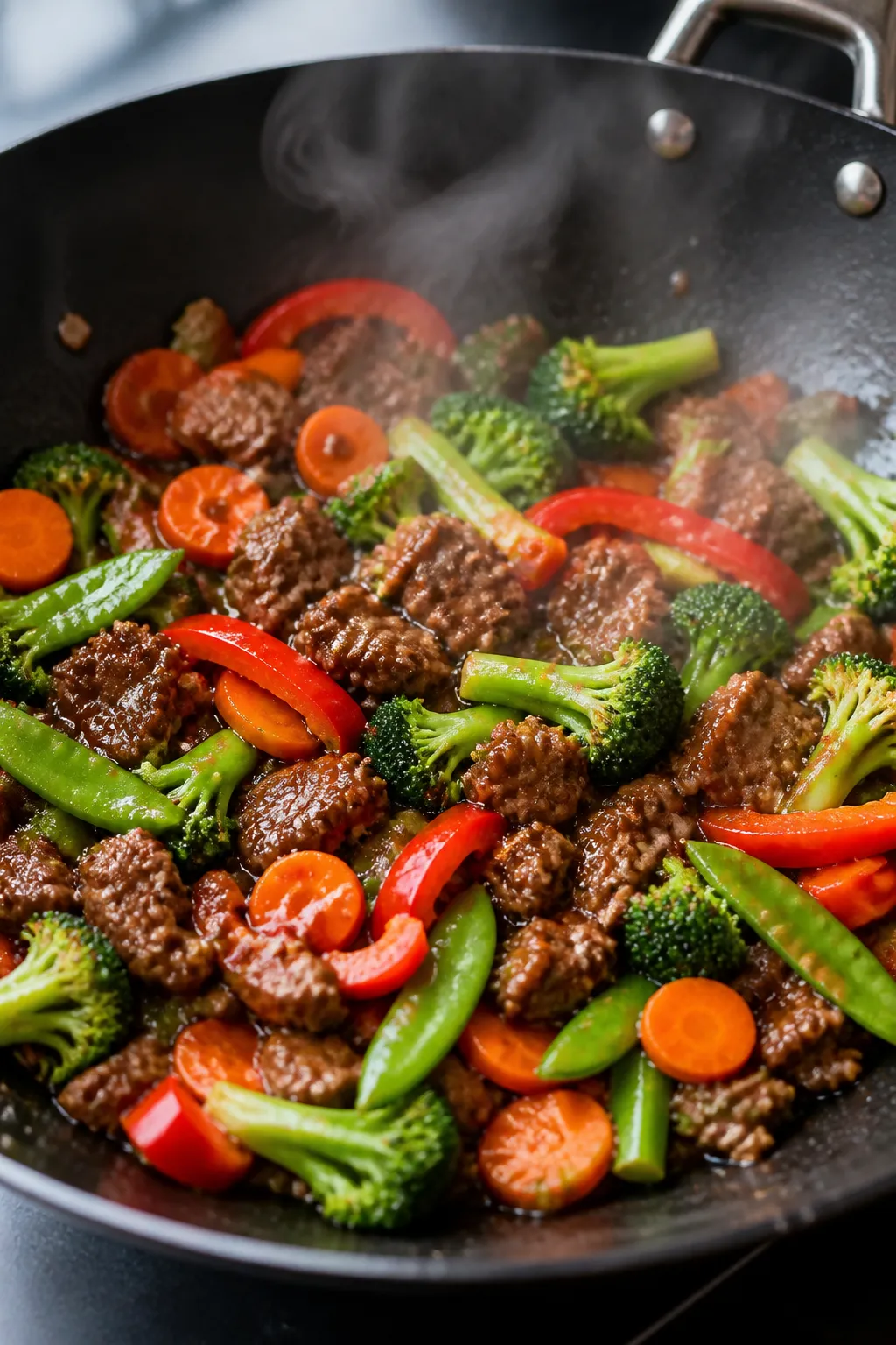 Cooking process, close-up detail: Sizzling ground beef stir fry in a wide, black wok over medium-hig