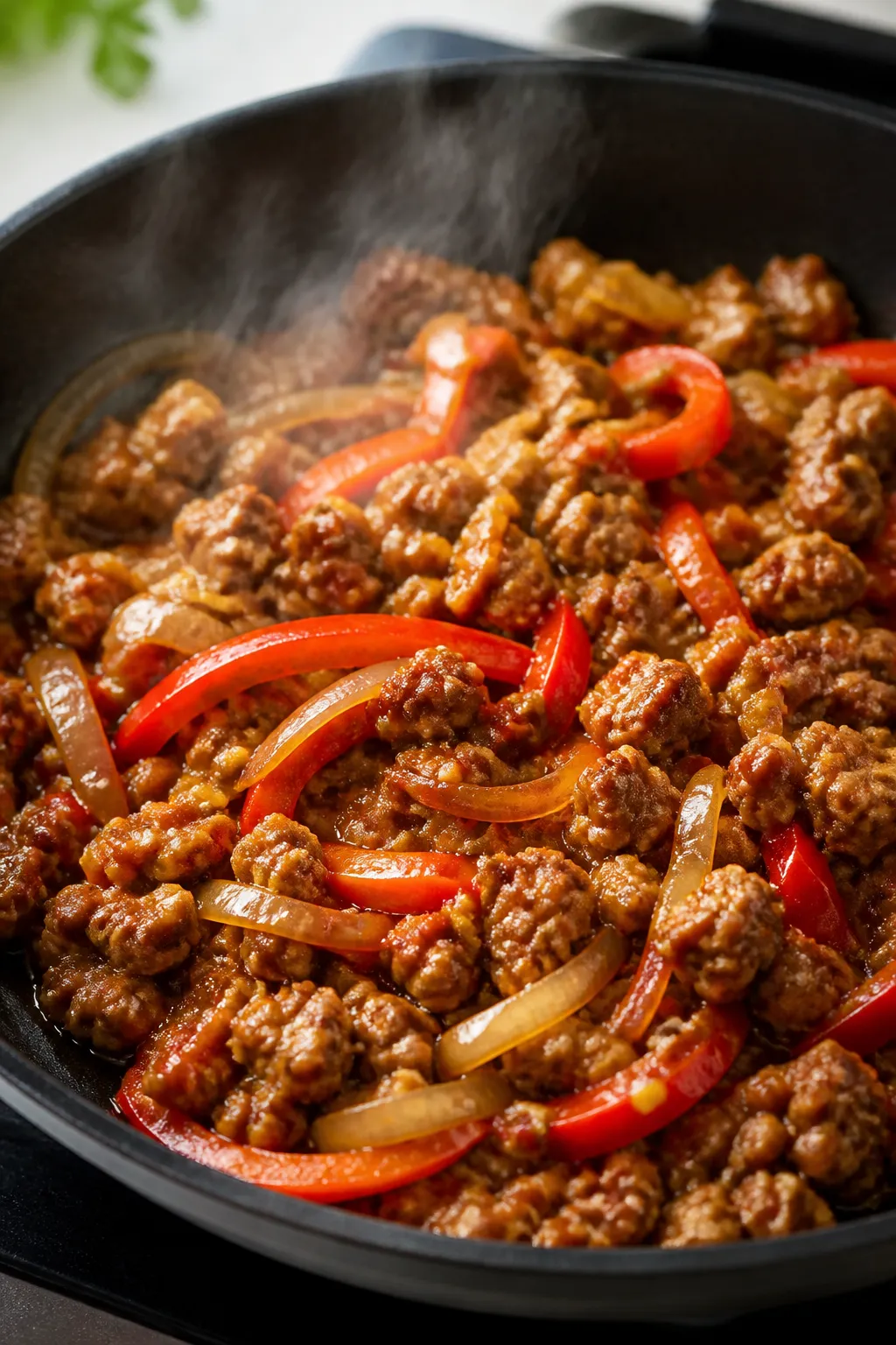 Cooking process, close-up detail: Sizzling ground pork in a wide black skillet, browned with crisped