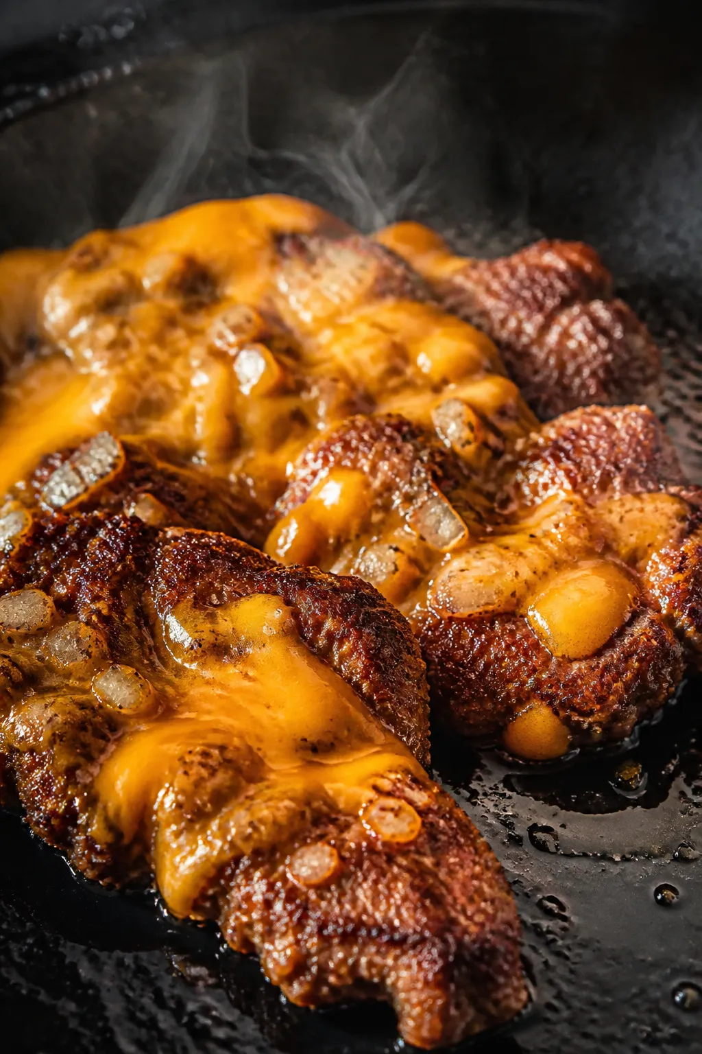 Cooking process, close-up detail: Sizzling smash-seared beef in a cast-iron skillet, ultra-close-up 