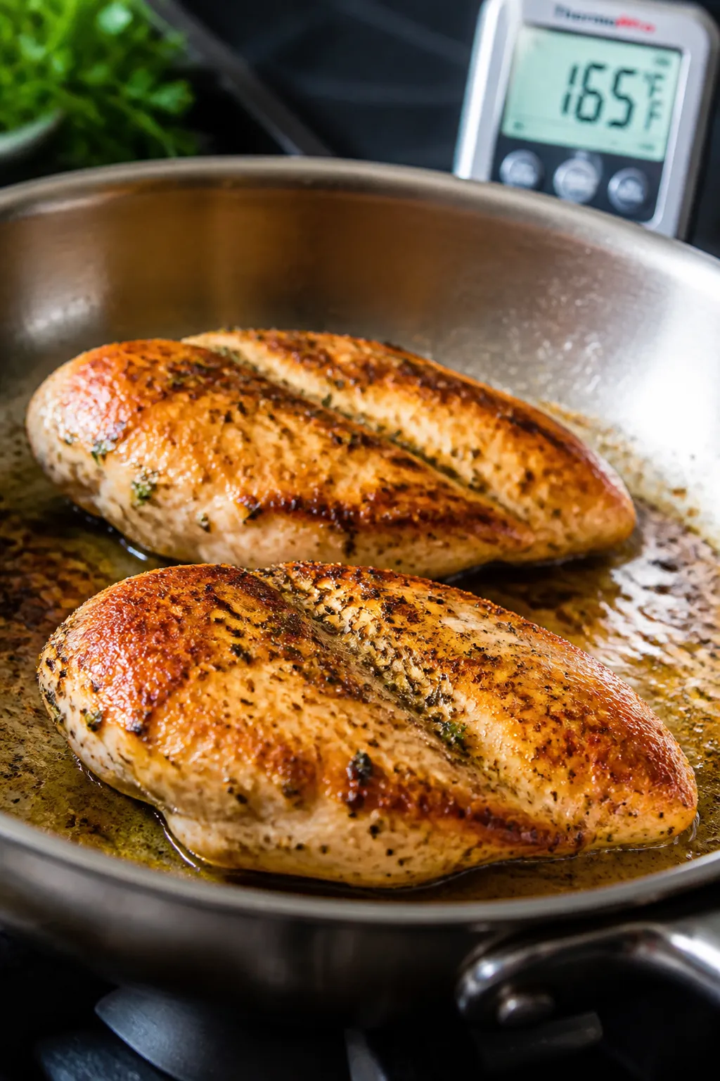 Cooking process close-up: Golden-browned chicken breasts sizzling in a stainless-steel skillet, well