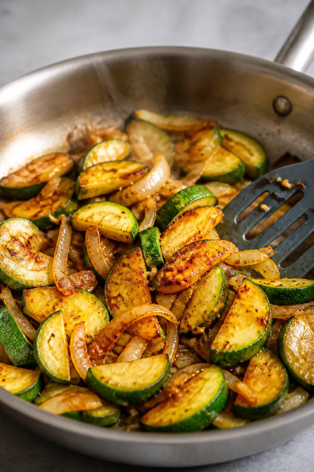 Cooking process close-up: Golden-browned zucchini and onions in a stainless skillet, steam softly ri