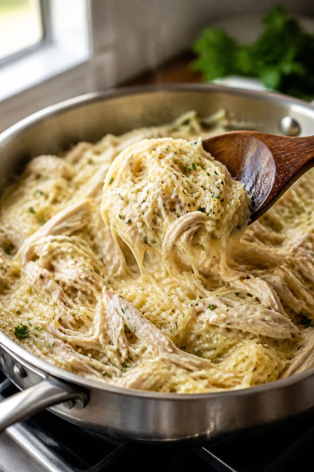 Cooking process close-up: Golden, bubbling Garlic Parmesan Chicken Spaghetti Squash mixture being to