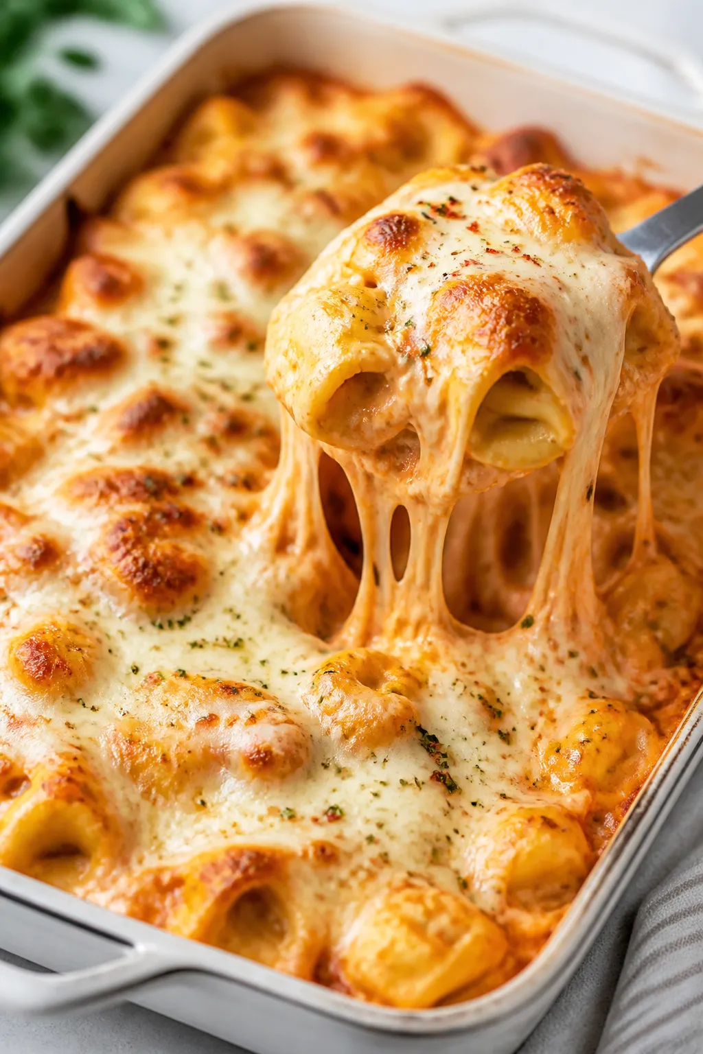 Cooking process close-up: Golden-bubbly tortellini bake just out of the oven, cheese fully melted wi