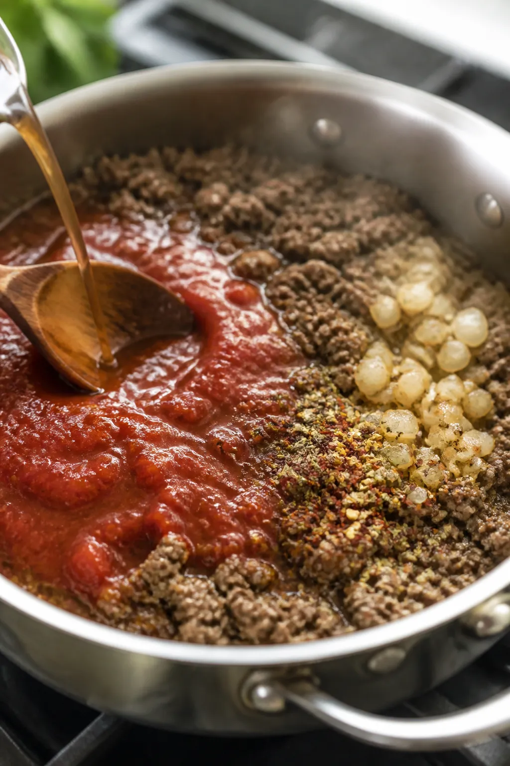 Cooking process close-up: Ground beef deeply browned in a wide stainless skillet with sautéed diced