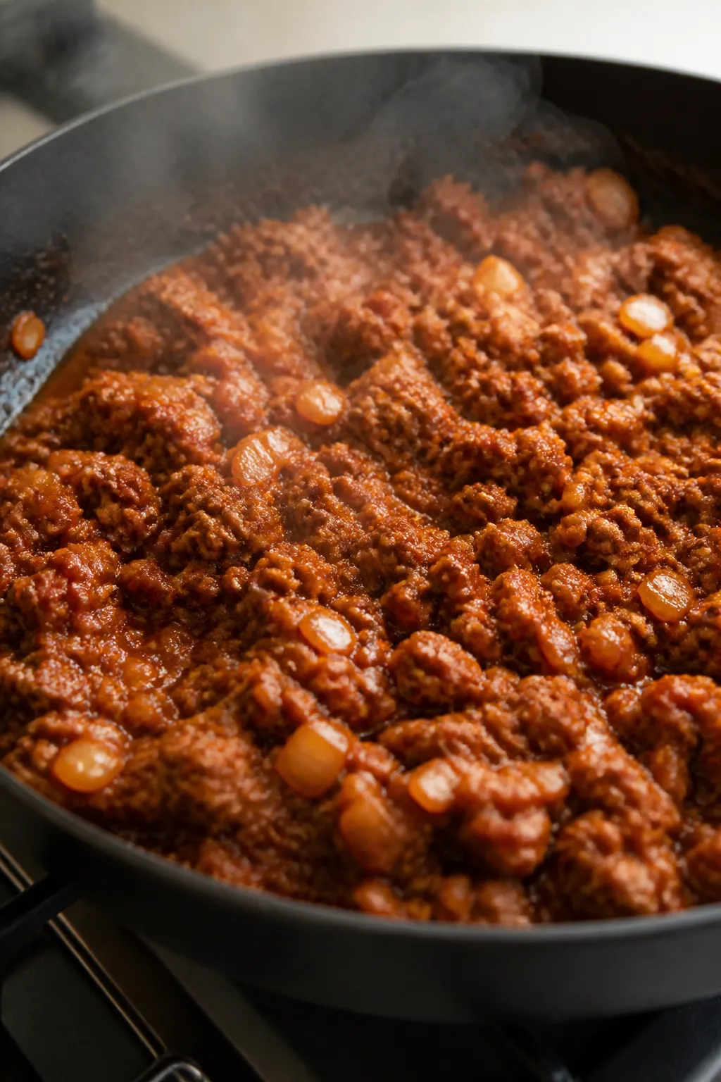 Cooking process close-up: Ground beef simmering in a skillet with diced onion and minced garlic, coa
