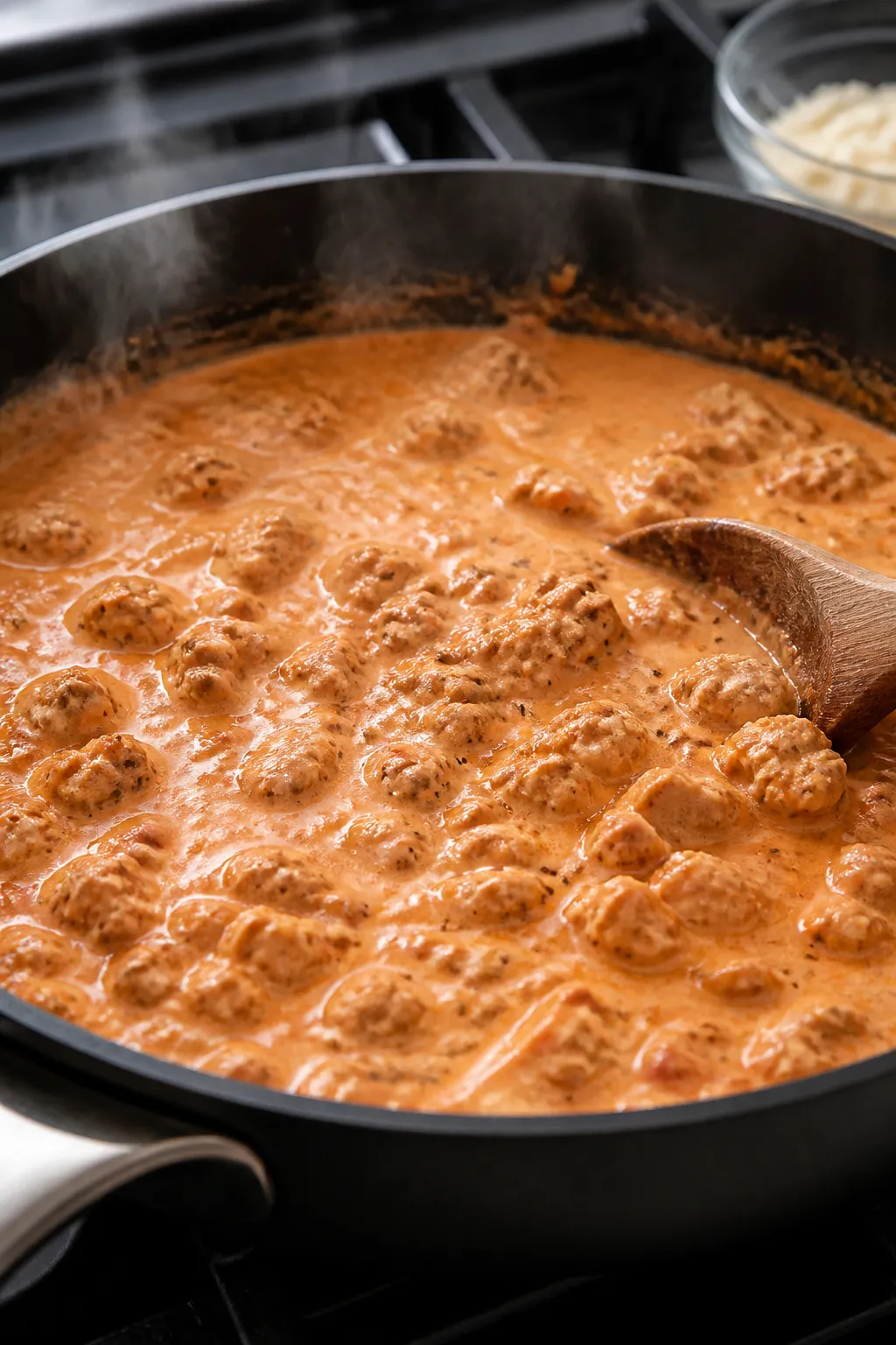 Cooking process close-up: Ground chicken simmering in a skillet with marinara and chicken broth, fle