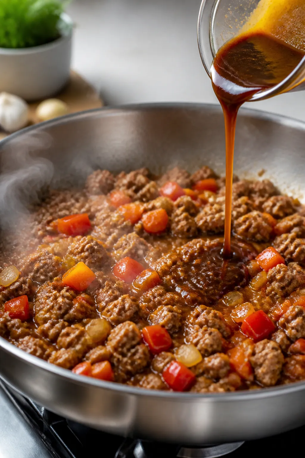 Cooking process close-up: Ground pork browning in a wide stainless skillet over medium-high heat, ca