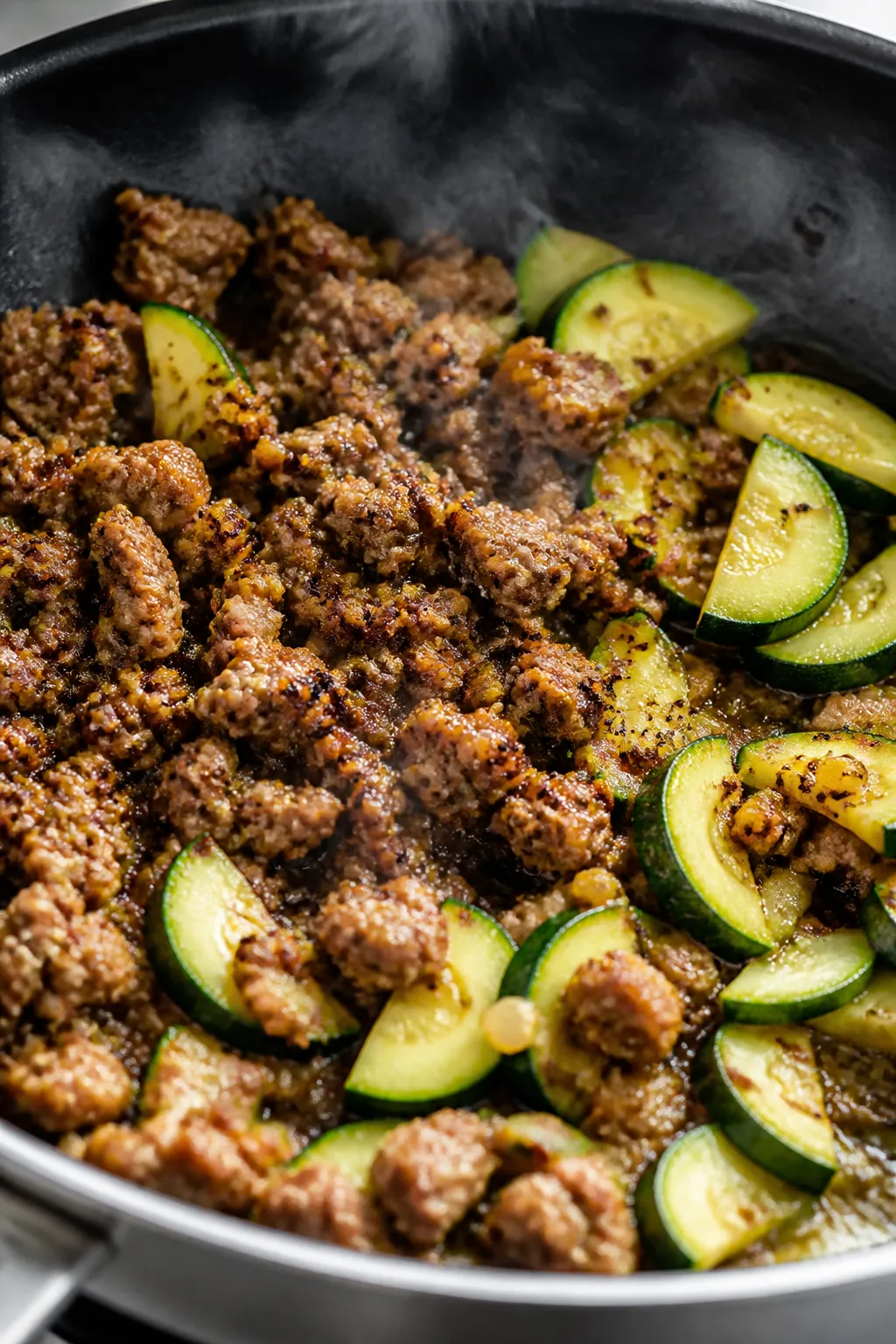 Cooking process close-up: Ground pork browning in a large skillet with crispy, caramelized edges and