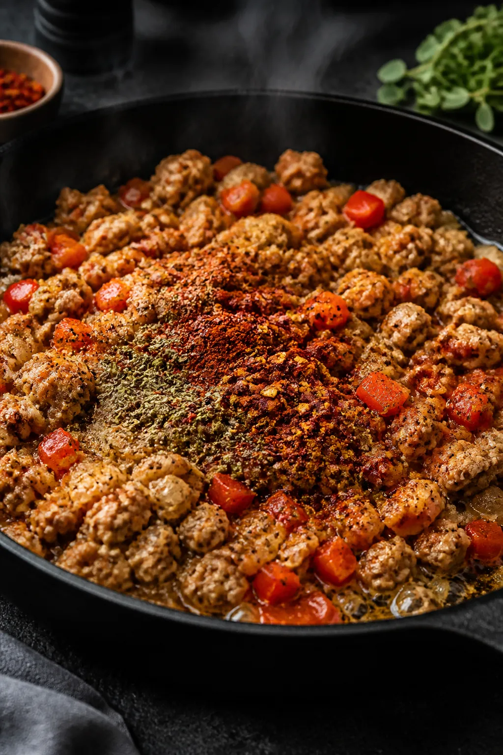 Cooking process close-up: Ground turkey and sautéed onions, red bell peppers, and garlic sizzling i