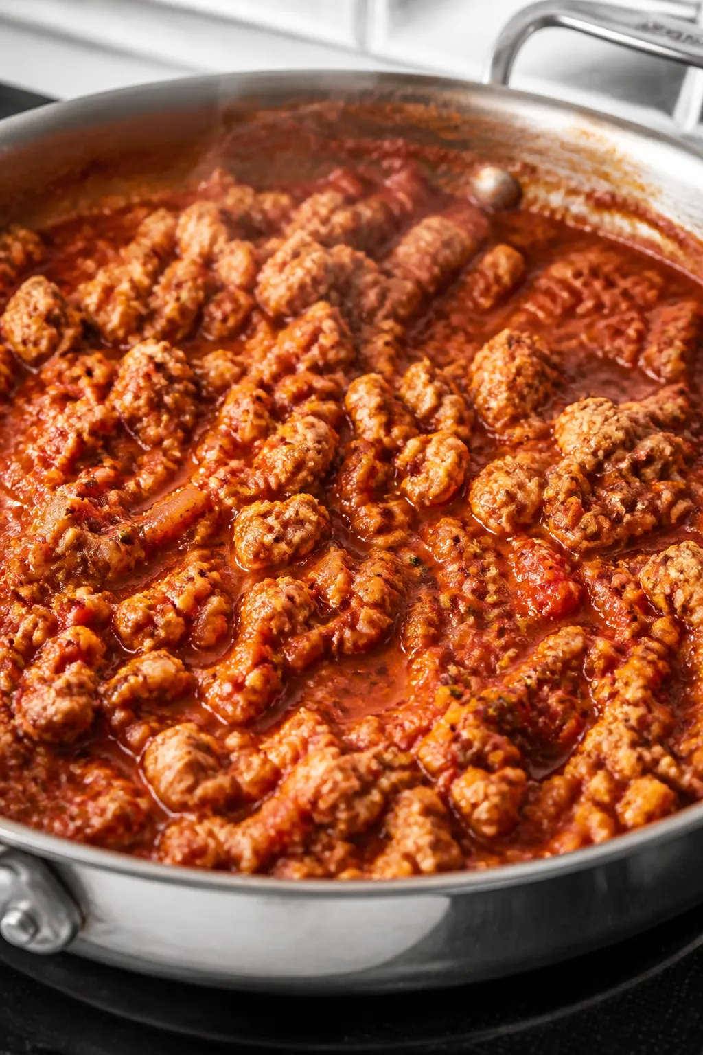 Cooking process close-up: Ground turkey marinara simmering in a wide stainless skillet, crumbled tur