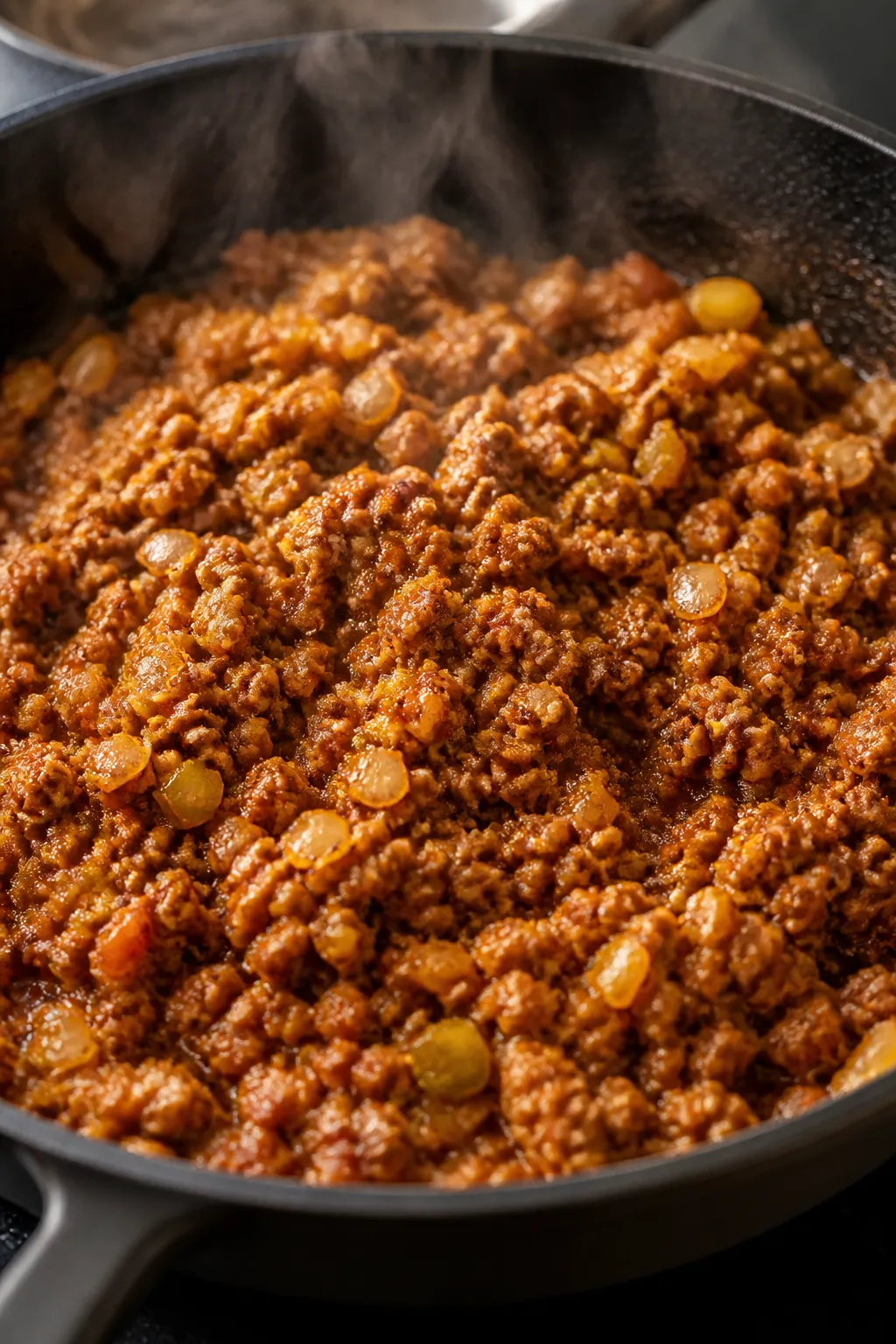 Cooking process close-up: In-skillet ground beef browned with diced onions and garlic, glistening wi