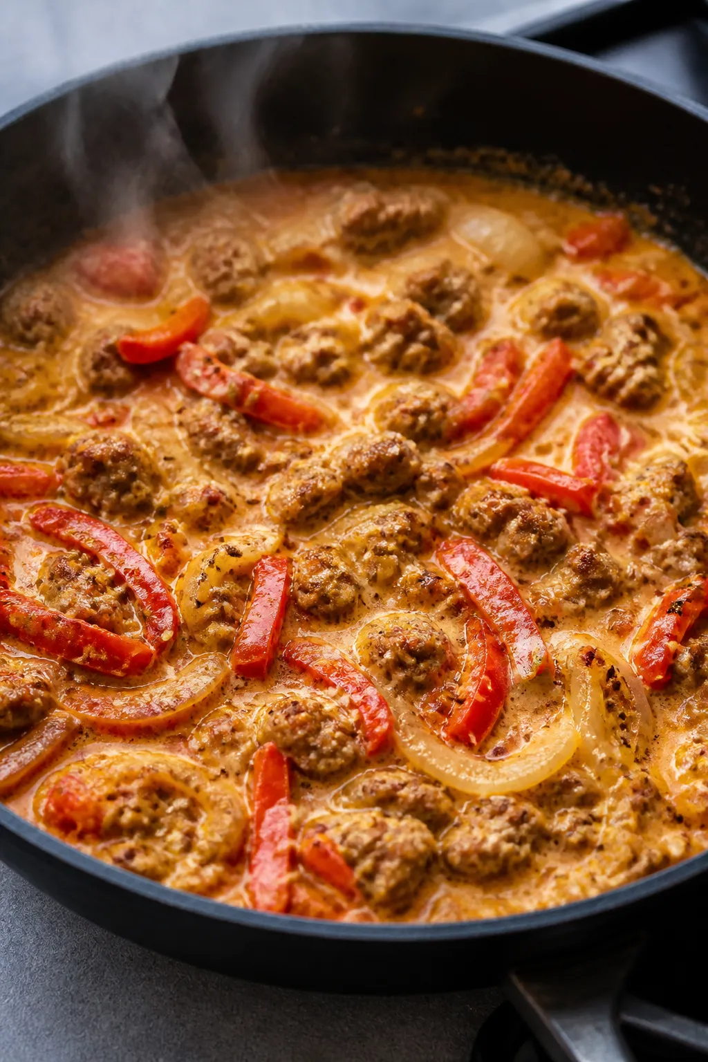 Cooking process close-up: In-skillet shot of browned Italian sausage crumbles simmering with caramel
