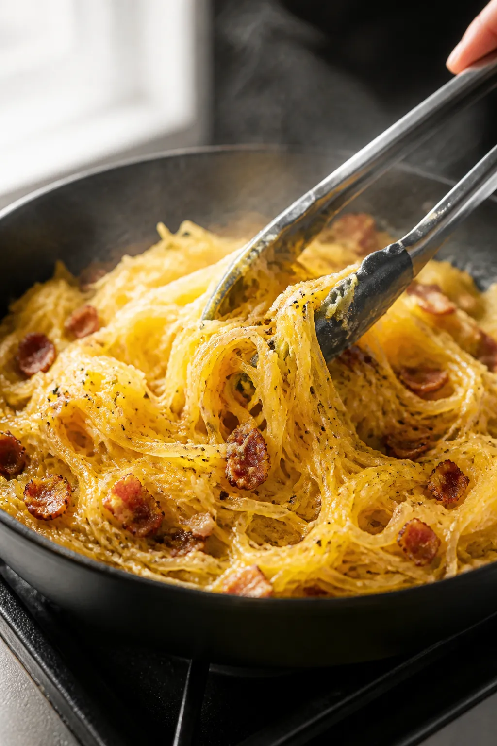 Cooking process close-up: In-skillet spaghetti squash carbonara just off the heat, glossy egg-and-Pa