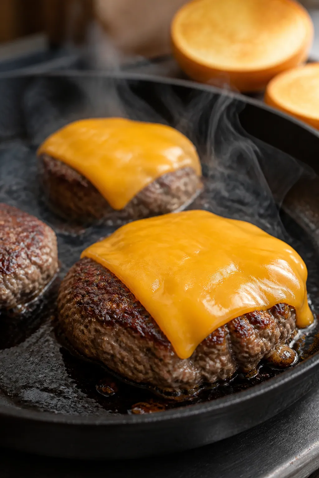 Cooking process close-up: Juicy BBQ-infused beef patties sizzling on a cast-iron skillet over medium