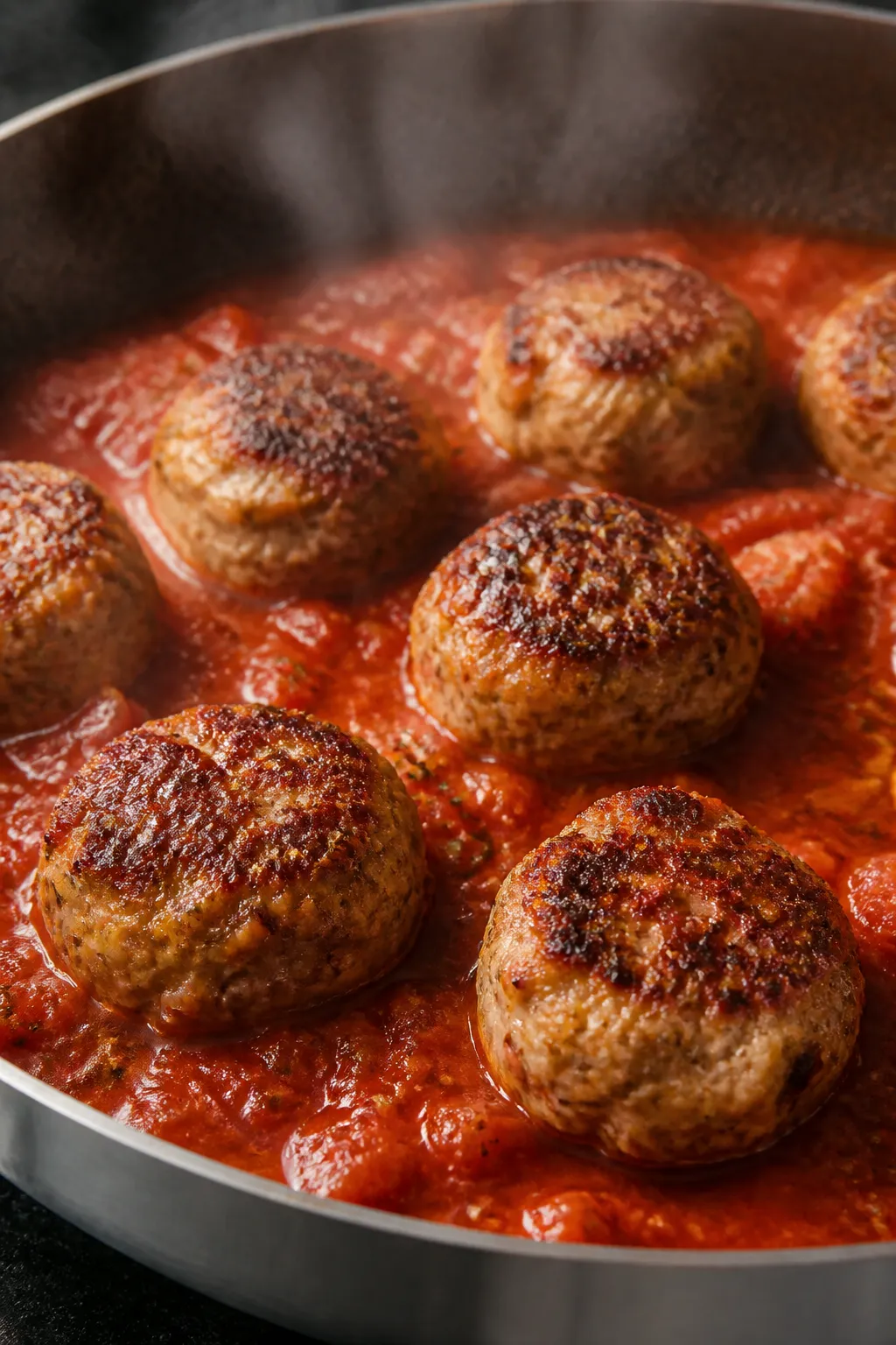 Cooking process, close-up: Juicy chicken meatballs searing in a large skillet, golden-brown crust fo
