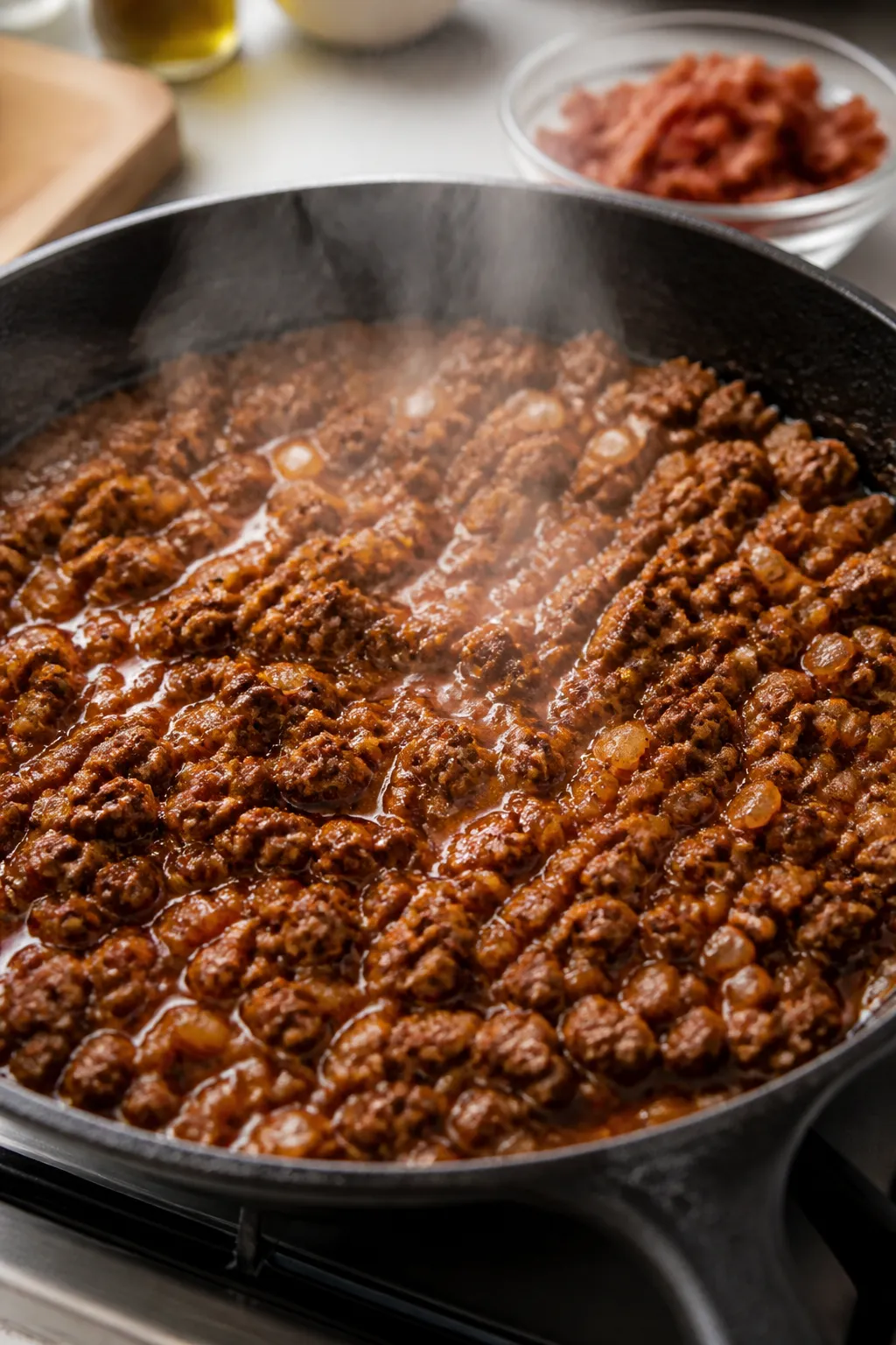 Cooking process close-up: Juicy ground beef sizzling in a large cast-iron skillet after deglazing, c