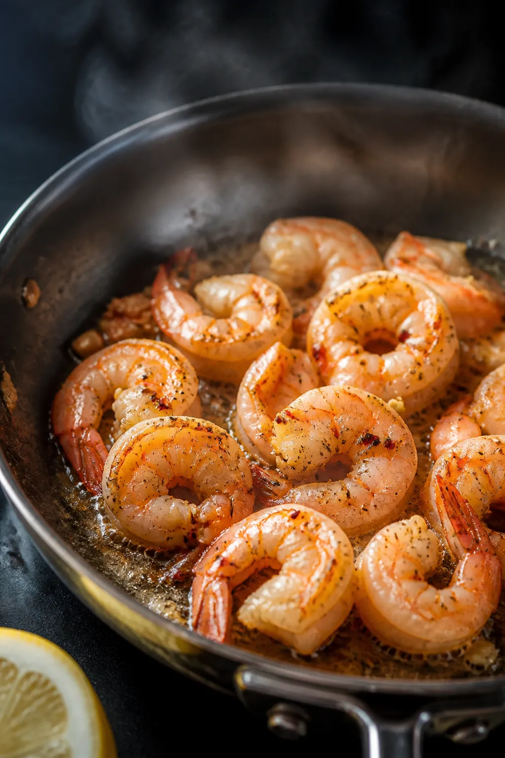 Cooking process close-up: Medium skillet with shrimp sautéing in olive oil until just pink and opaq
