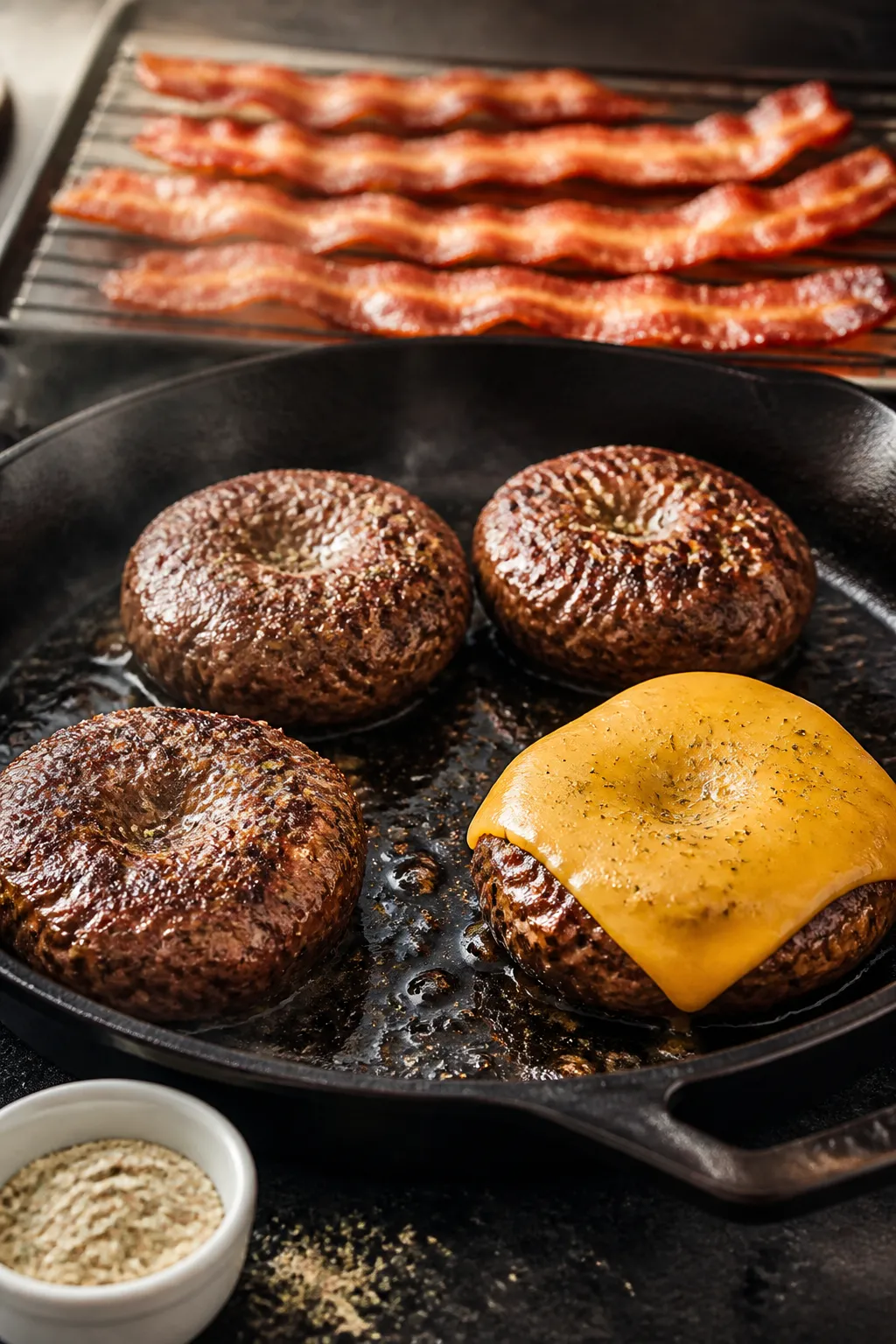 Cooking process close-up: Ranch-seasoned beef patties sizzling on a hot cast-iron skillet, deep brow