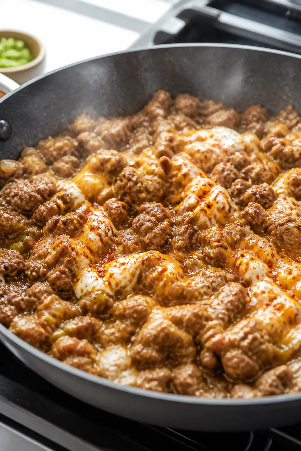 Cooking process close-up: SautĂŠed cheeseburger filling in a skillet, showing browned lean beef crum