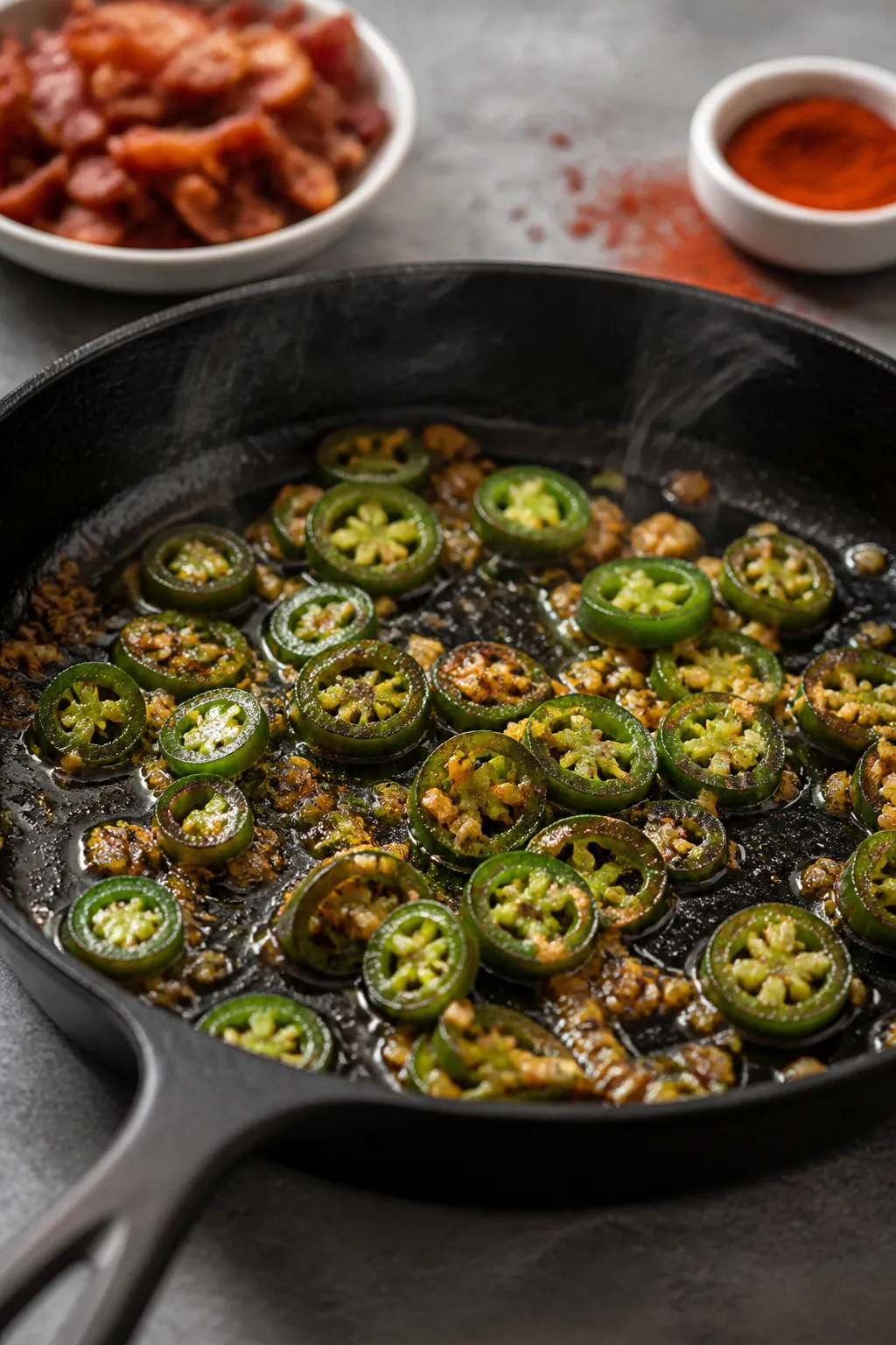 Cooking process close-up: Sautéed jalapeños and minced garlic just finished in a skillet with a sh