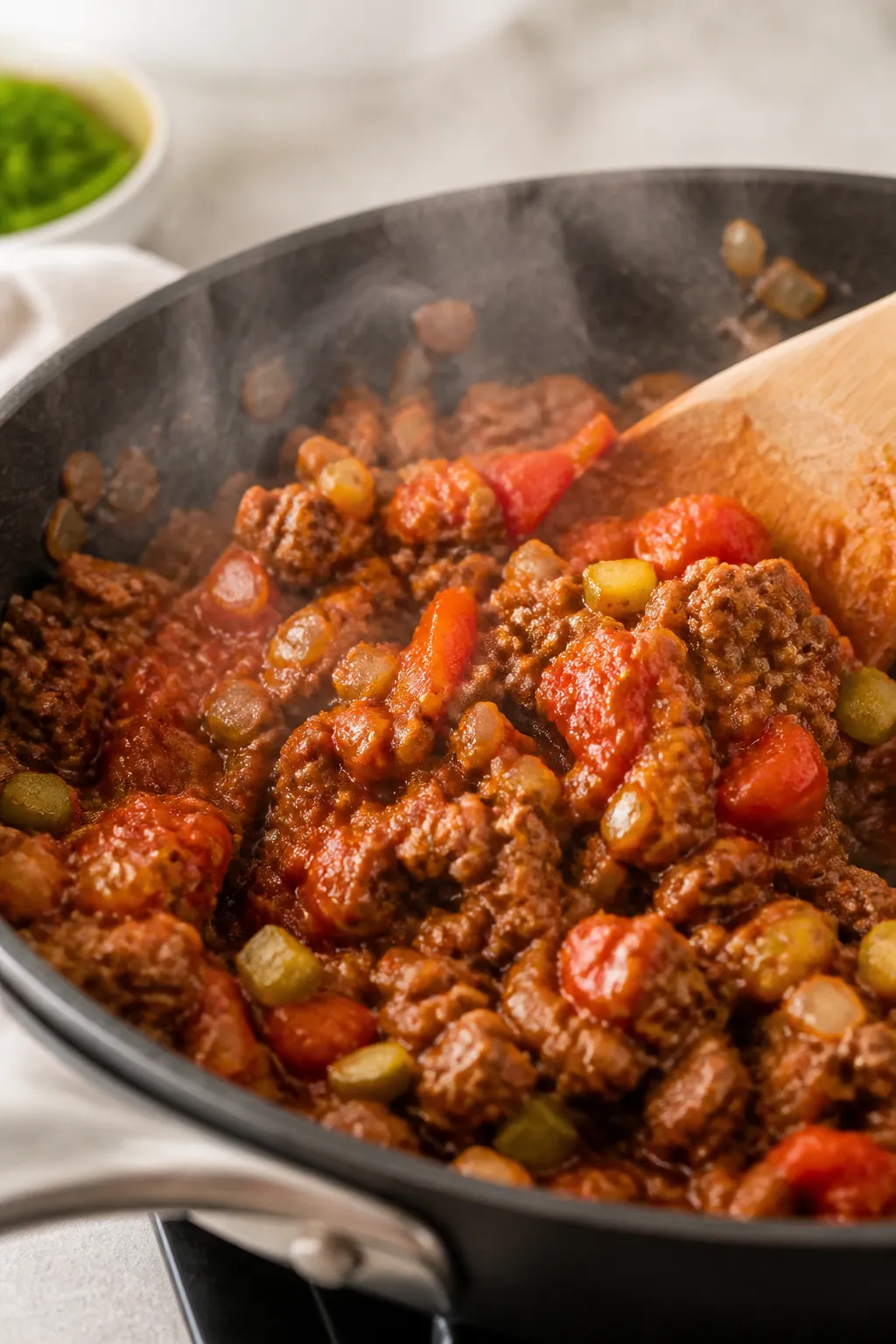 Cooking process close-up: Sautéed onion and garlic melding into browned lean ground beef in a large