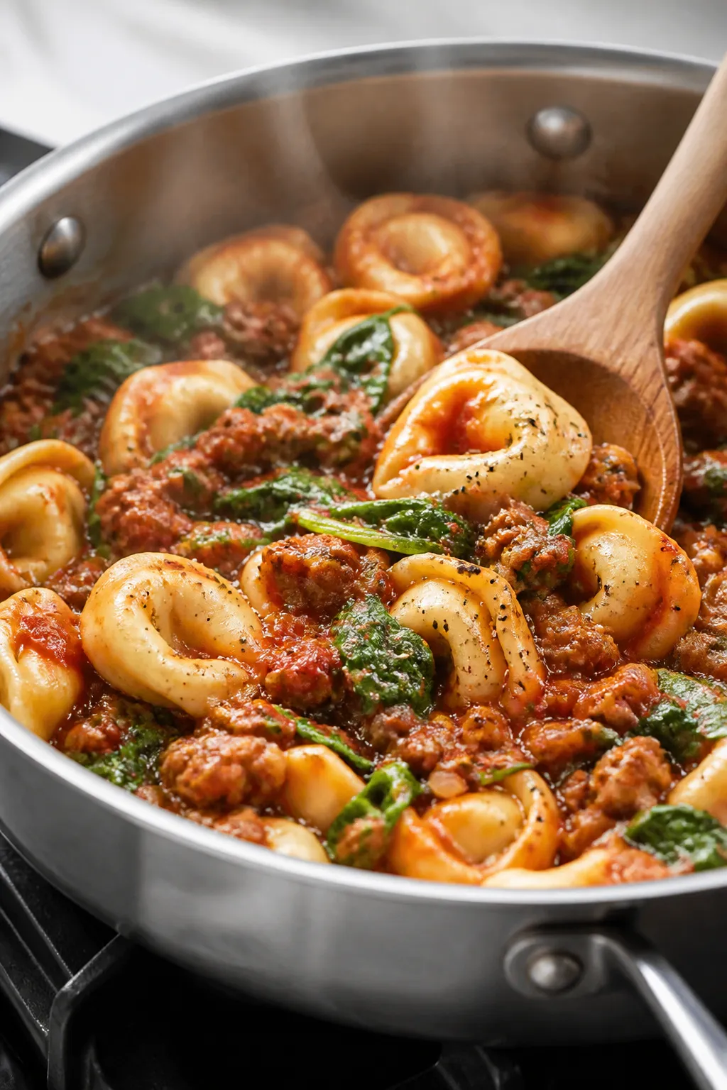 Cooking process close-up: Sautéed turkey Italian sausage and onions simmering in a bright marinara-