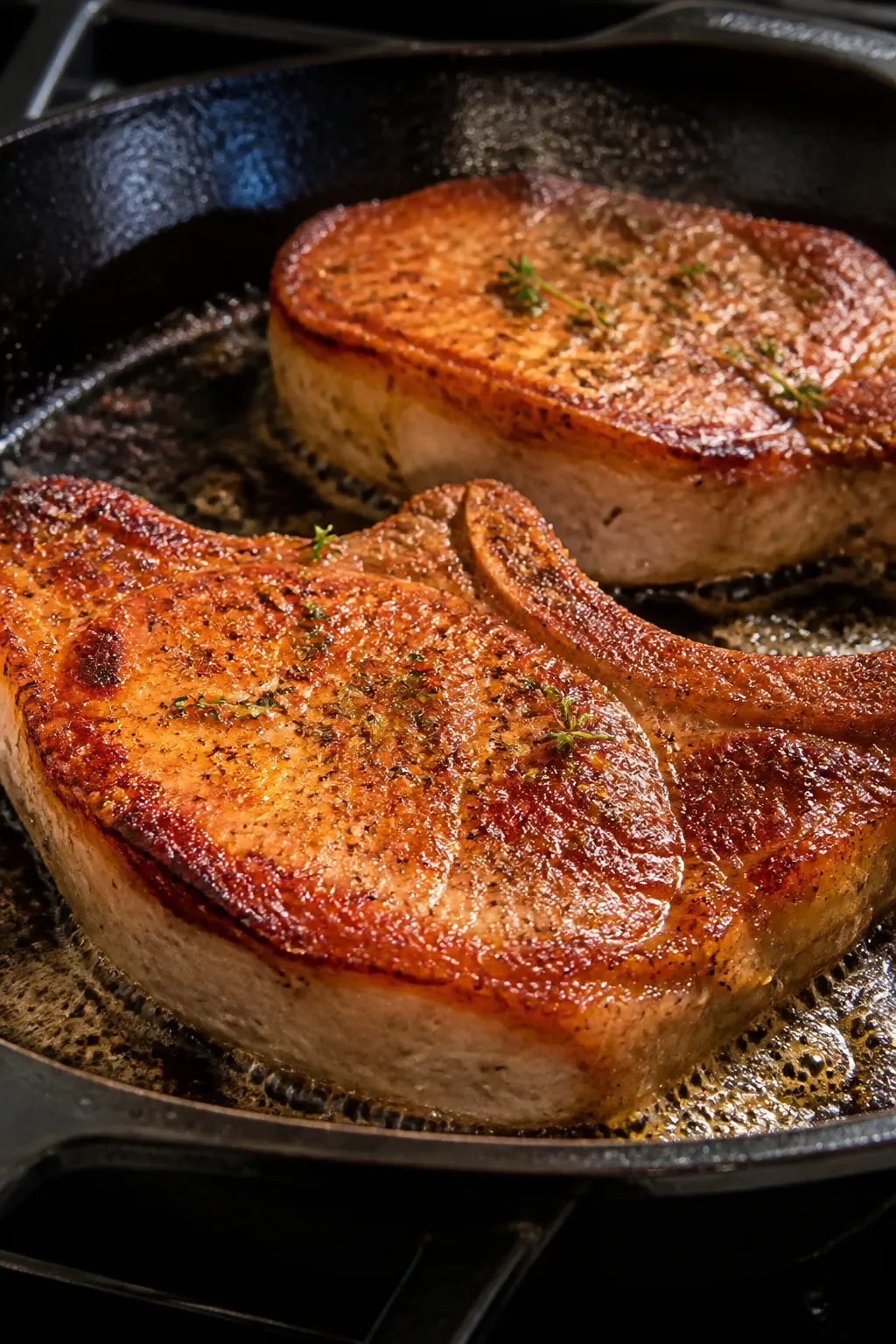 Cooking process close-up: Searing seasoned pork chops in a cast-iron skillet, golden-brown carameliz