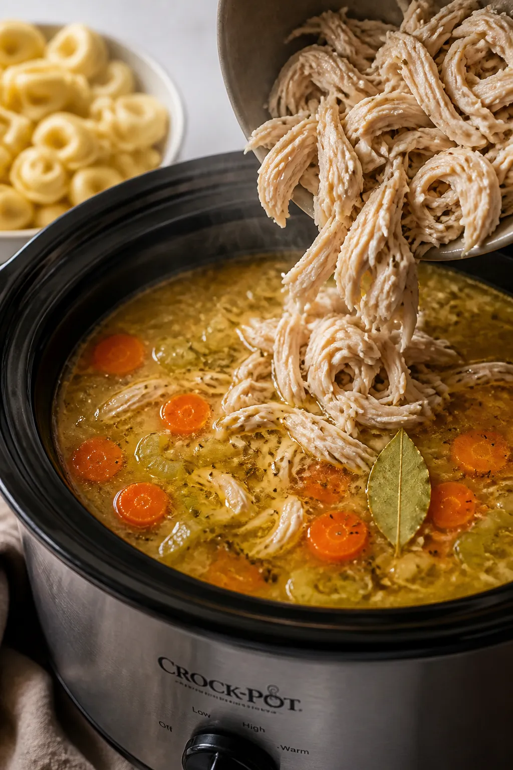 Cooking process close-up: Shredded chicken being returned to a steaming slow cooker of golden chicke