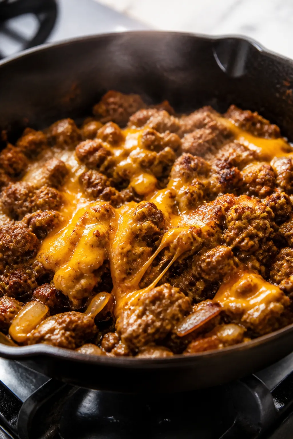 Cooking process close-up: Sizzling browned ground beef with melted cheddar folding through in a cast