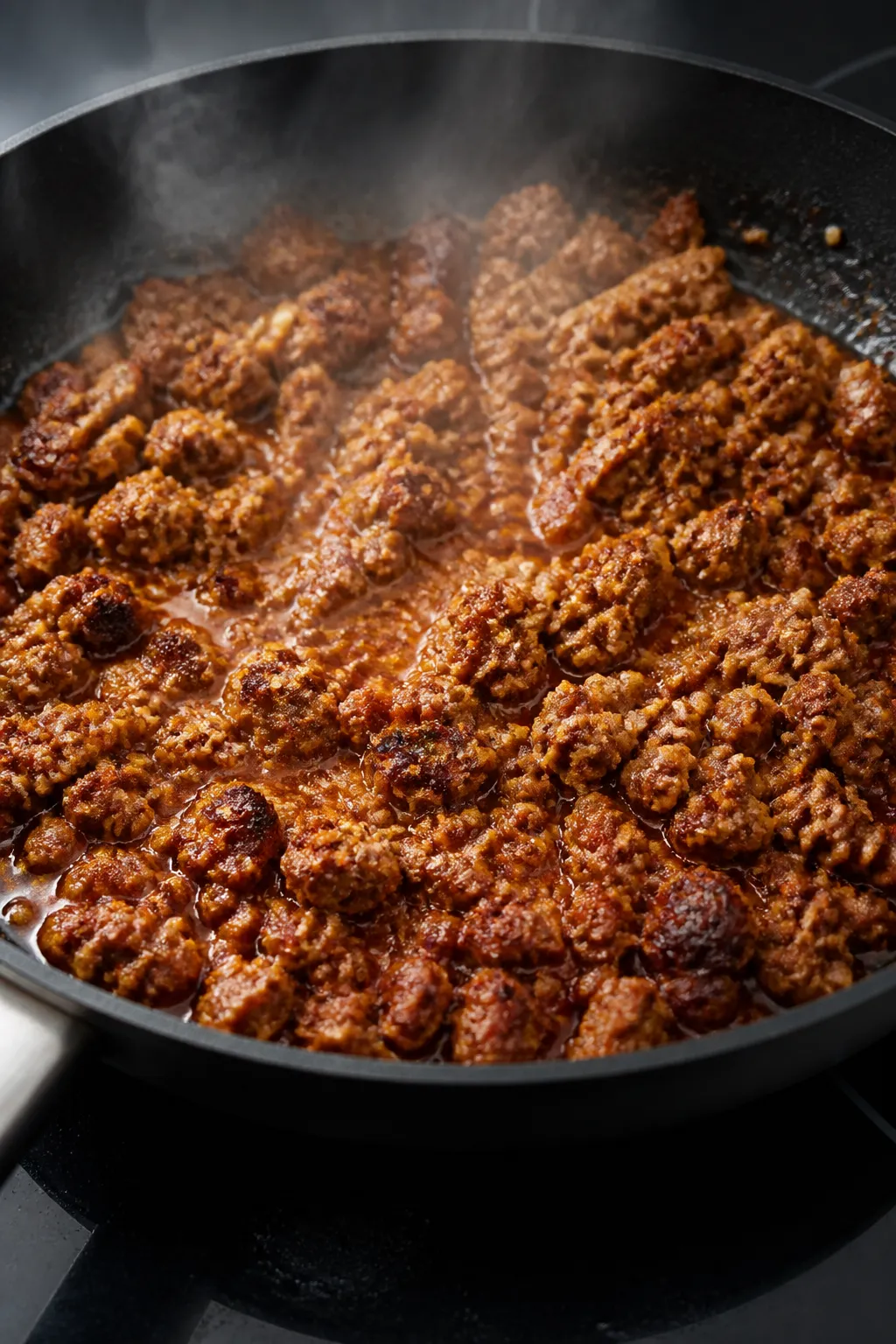 Cooking process close-up: Sizzling browned ground pork in a wide skillet, deeply caramelized crispy