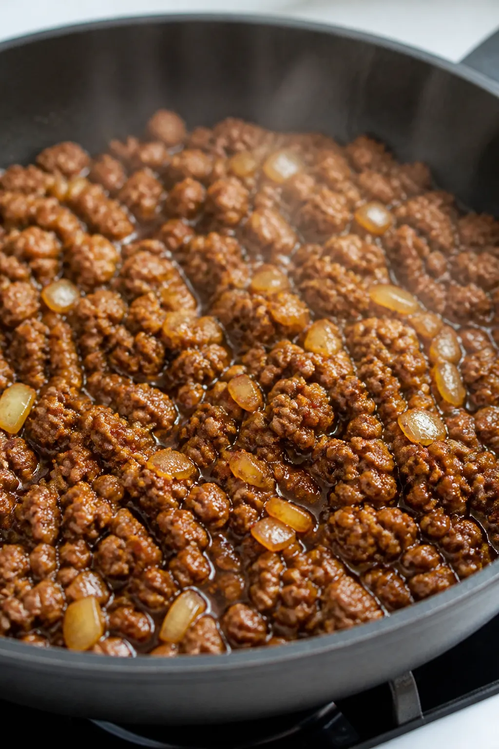 Cooking process, close-up: Sizzling ground beef browned in a wide skillet with softened diced yellow