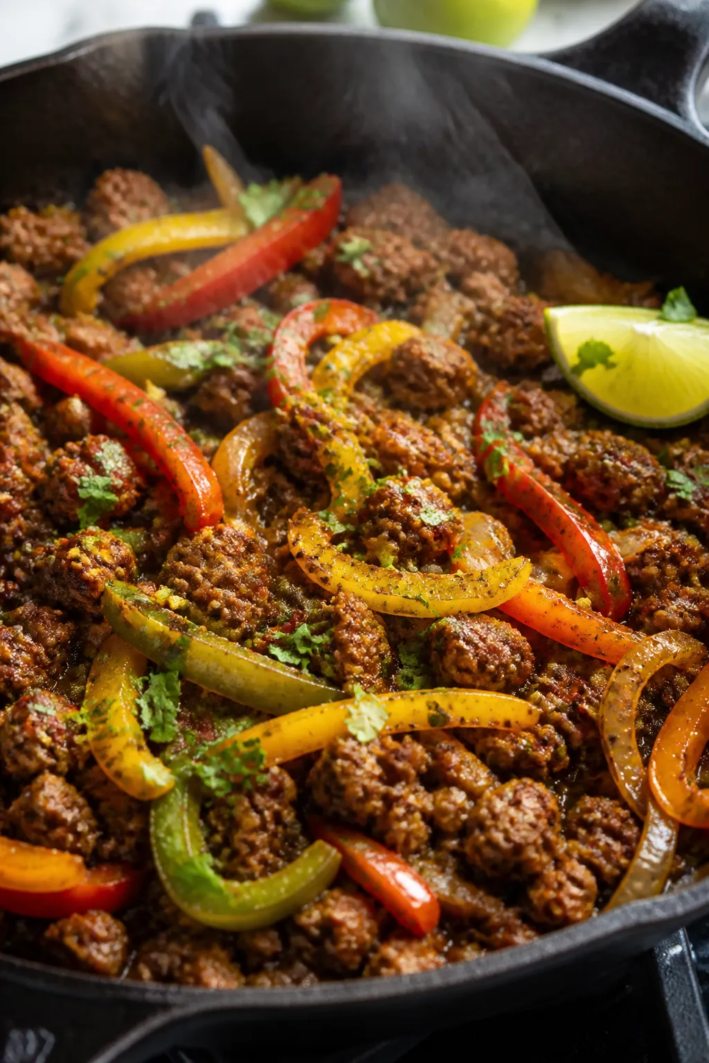 Cooking process, close-up: Sizzling ground beef fajita mixture in a well-seasoned cast-iron skillet