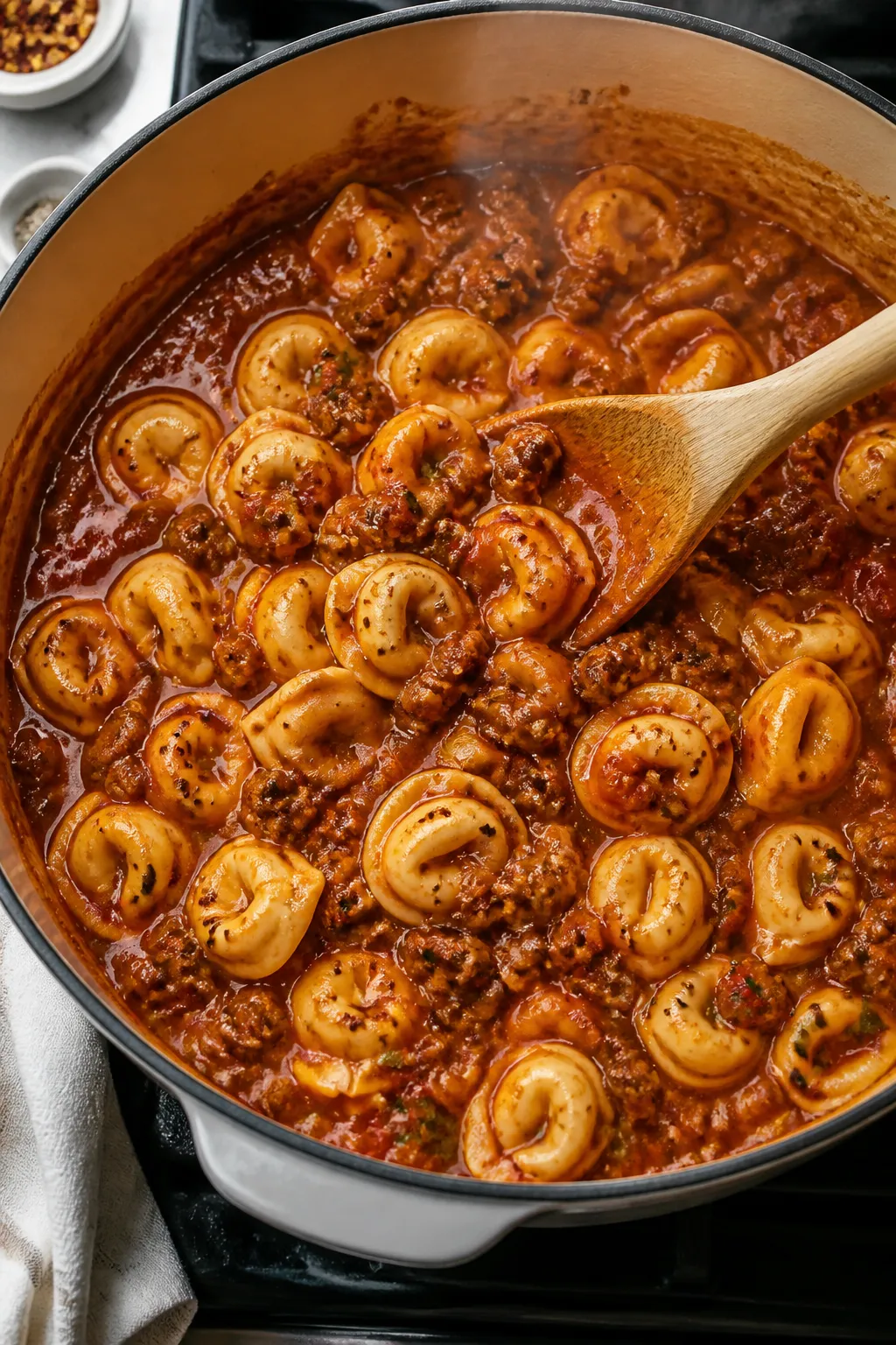 Cooking process close-up: Sizzling one-pot beef tortellini pasta mid-simmer in a wide Dutch oven, ov