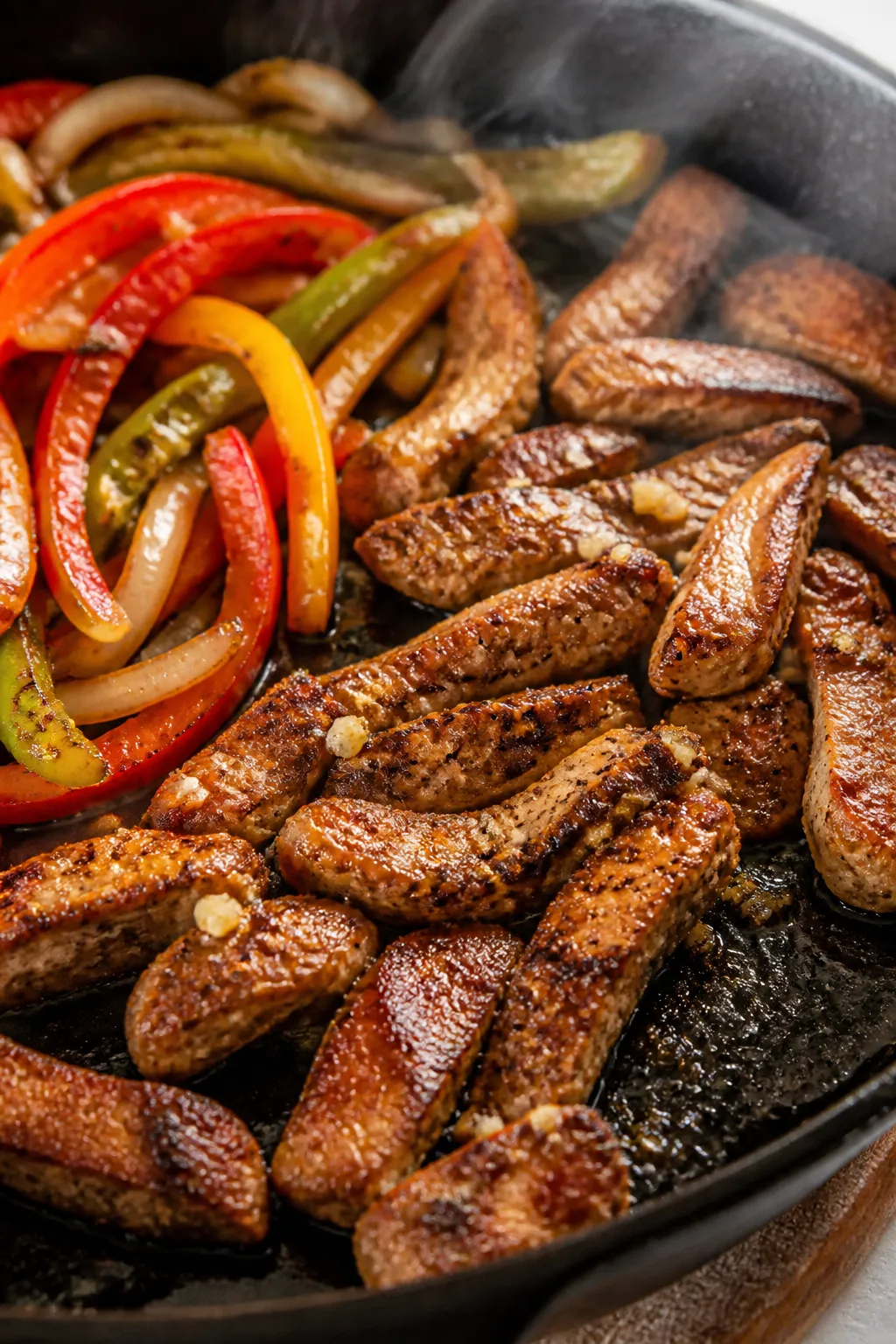 Cooking process close-up: Sizzling pork fajita strips searing in a hot cast-iron skillet, lightly br