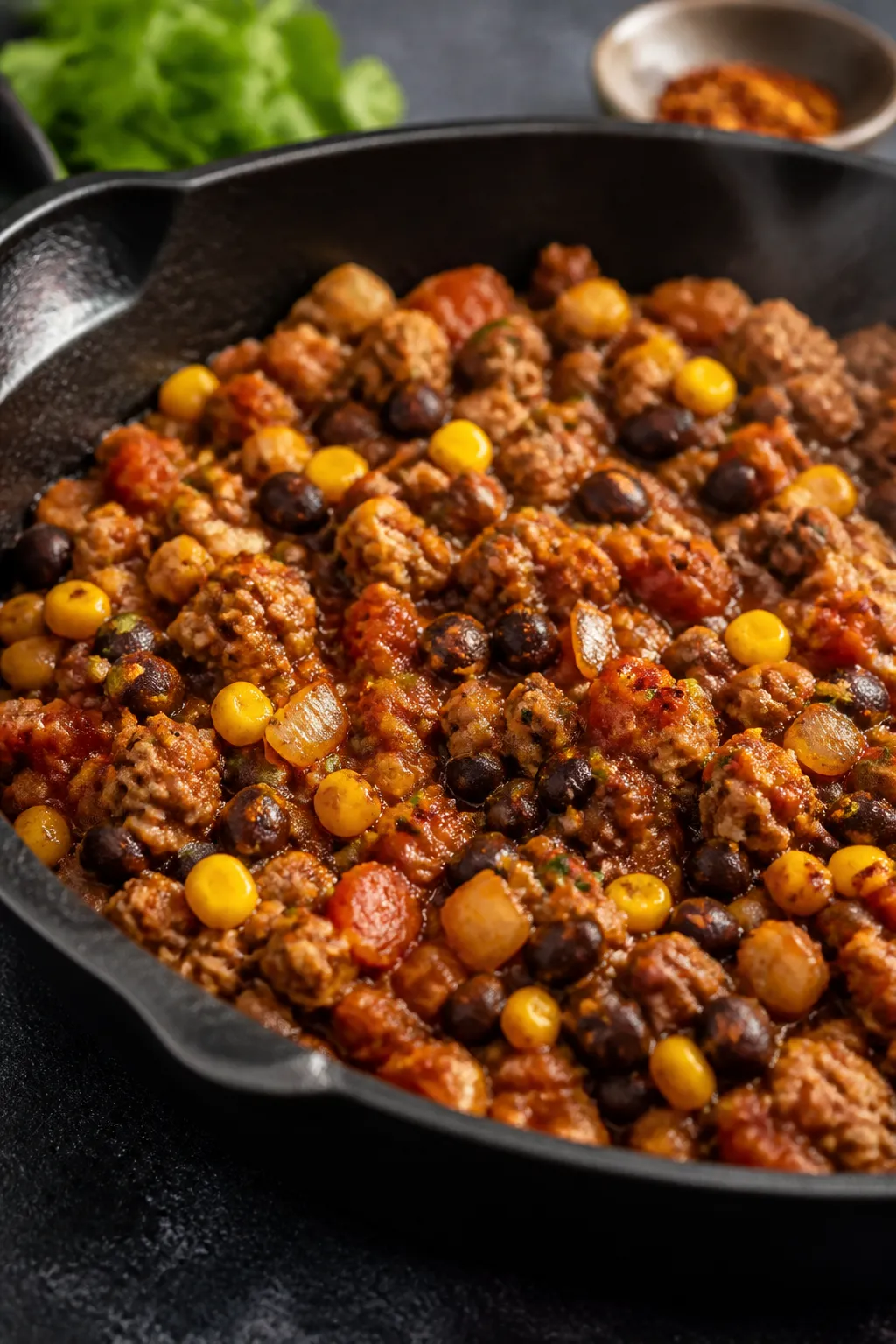 Cooking process close-up: Sizzling taco filling in a black skillet—crumbled browned lean turkey wi