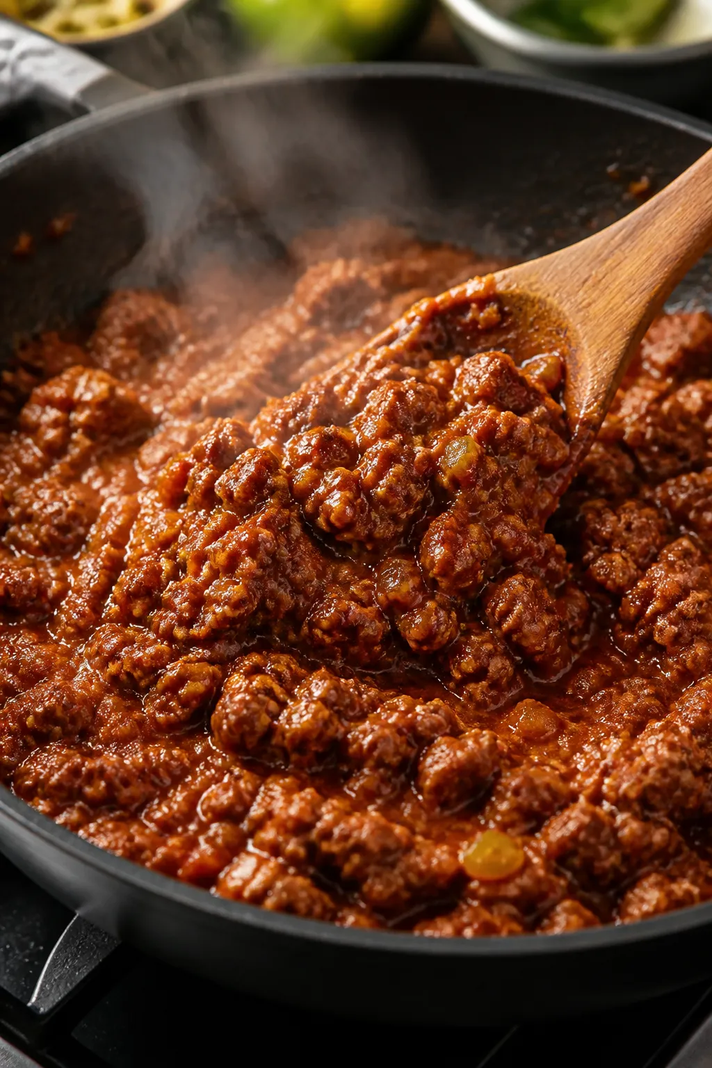 Cooking process close-up: Skillet of browned ground beef mixed with finely diced onion, minced garli