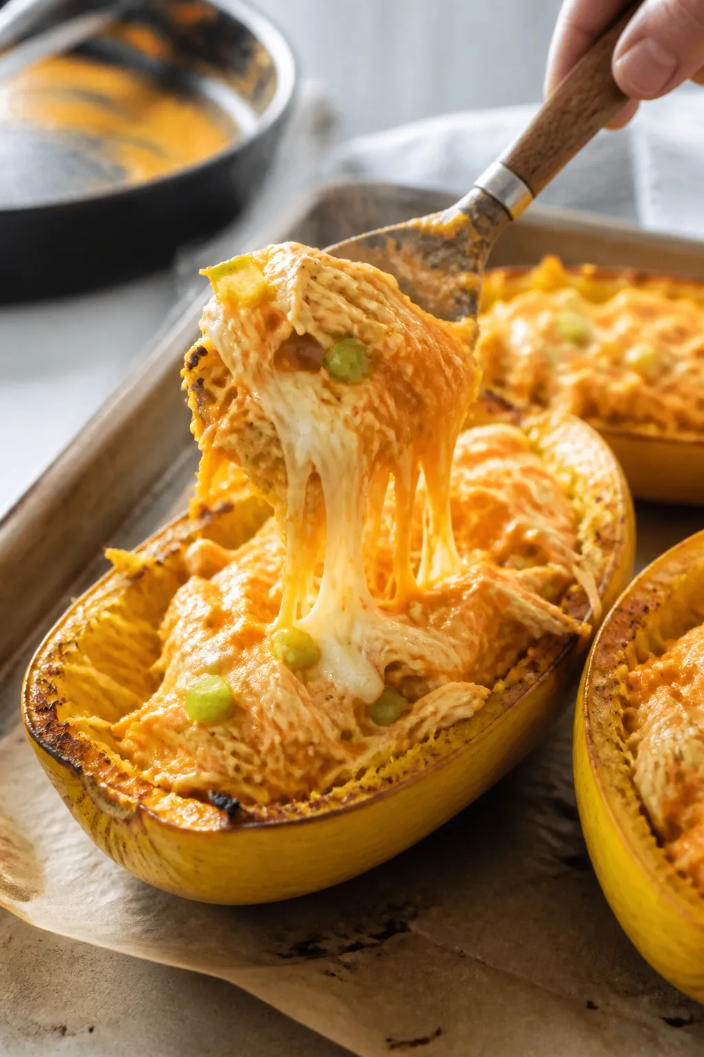 Cooking process close-up: Spaghetti squash boats just out of the oven and being filled with creamy b