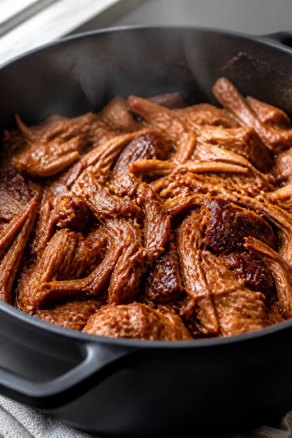 Cooking process close-up: Tender pulled pork being shredded just after slow-cooking, glistening stra