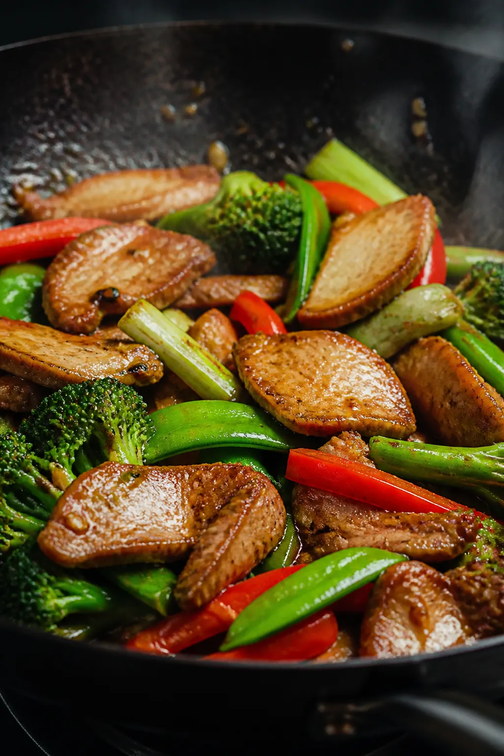 Cooking process, close-up: Thin slices of seared pork tenderloin sizzling in a carbon steel wok, edg