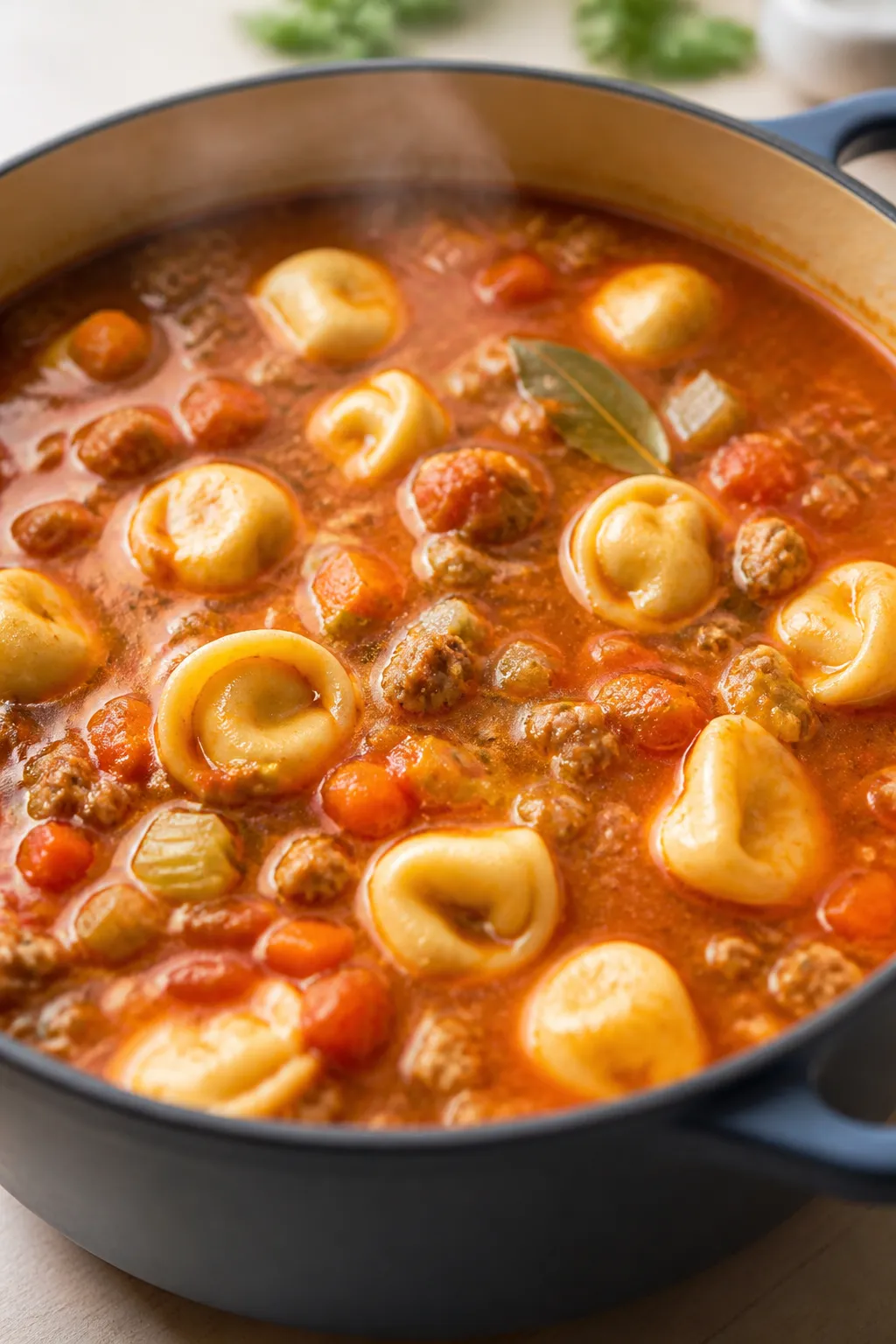 Cooking process close-up: Turkey sausage tortellini soup simmering in a Dutch oven, with browned cru