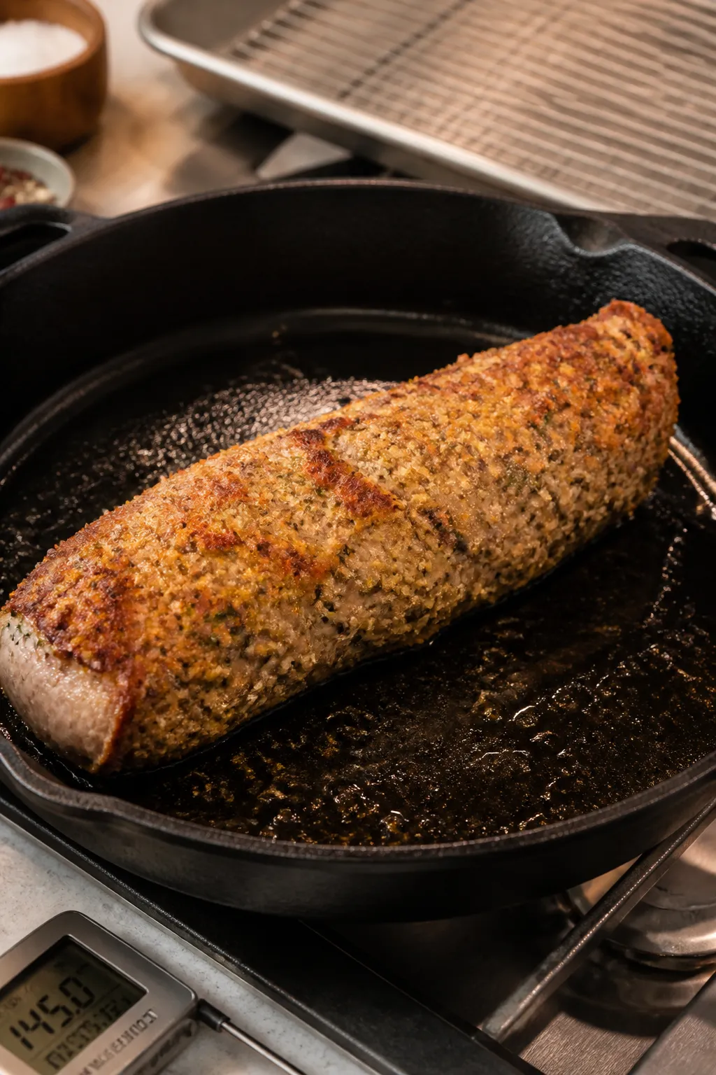 Cooking process: Crusted pork tenderloin in an oven-safe skillet right after the quick sear, crust t