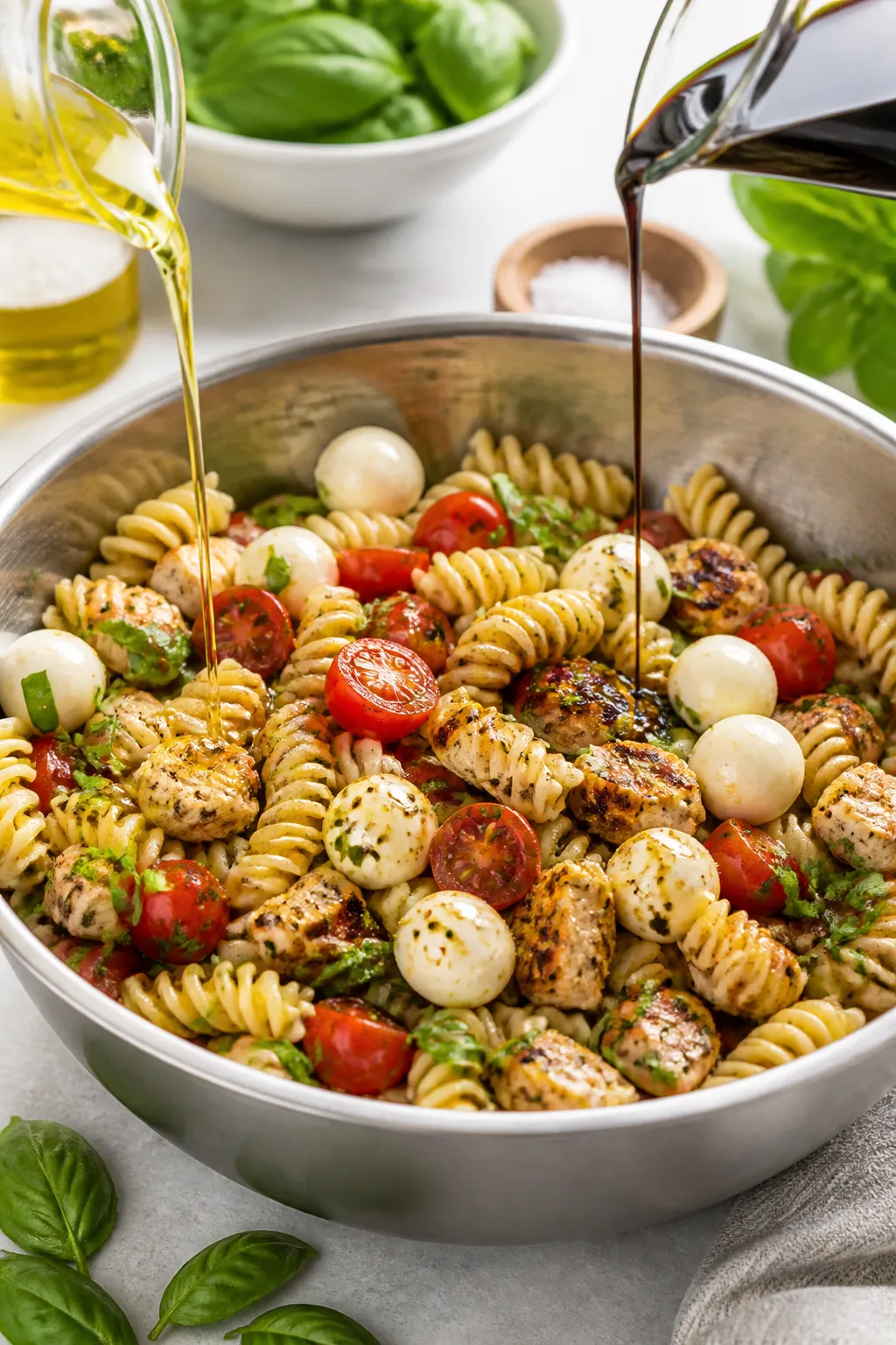 Cooking process: High-protein caprese chicken pasta salad being gently folded together—cooled, wel