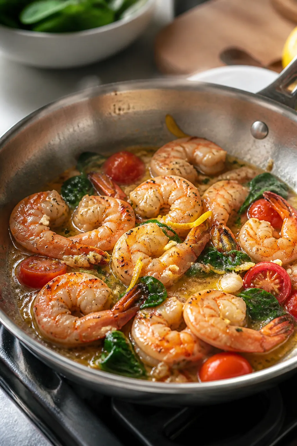 Cooking process: In-pan garlic butter shrimp being sautéed in a stainless-steel skillet, shrimp jus