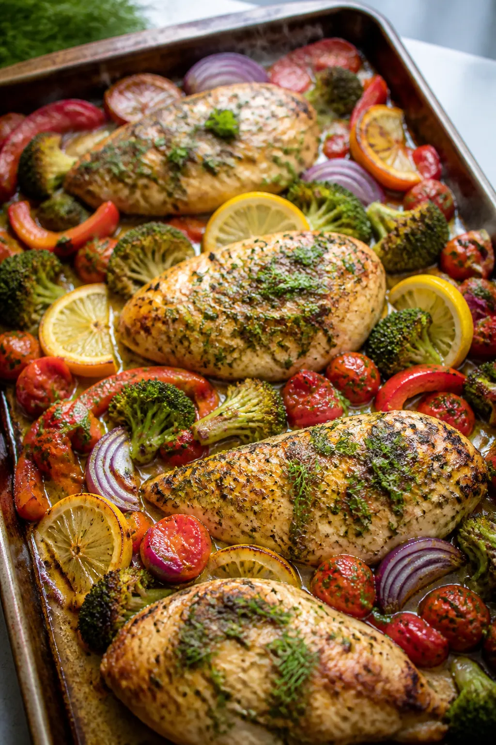 Cooking process — Lemon Herb Chicken Protein Bake just out of the oven: golden, yogurt-marinated c
