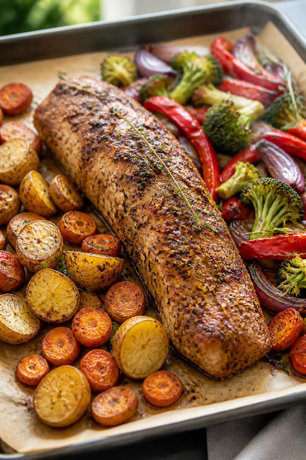 Cooking process, mid-roast: A hot sheet pan just pulled from a 425°F oven, showing a browned pork t