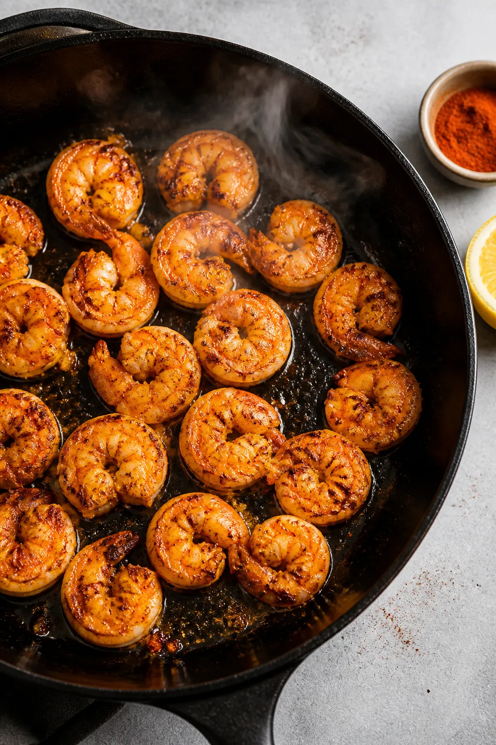 Cooking process: Overhead action shot of shrimp being seared in a large skillet—shrimp arranged in