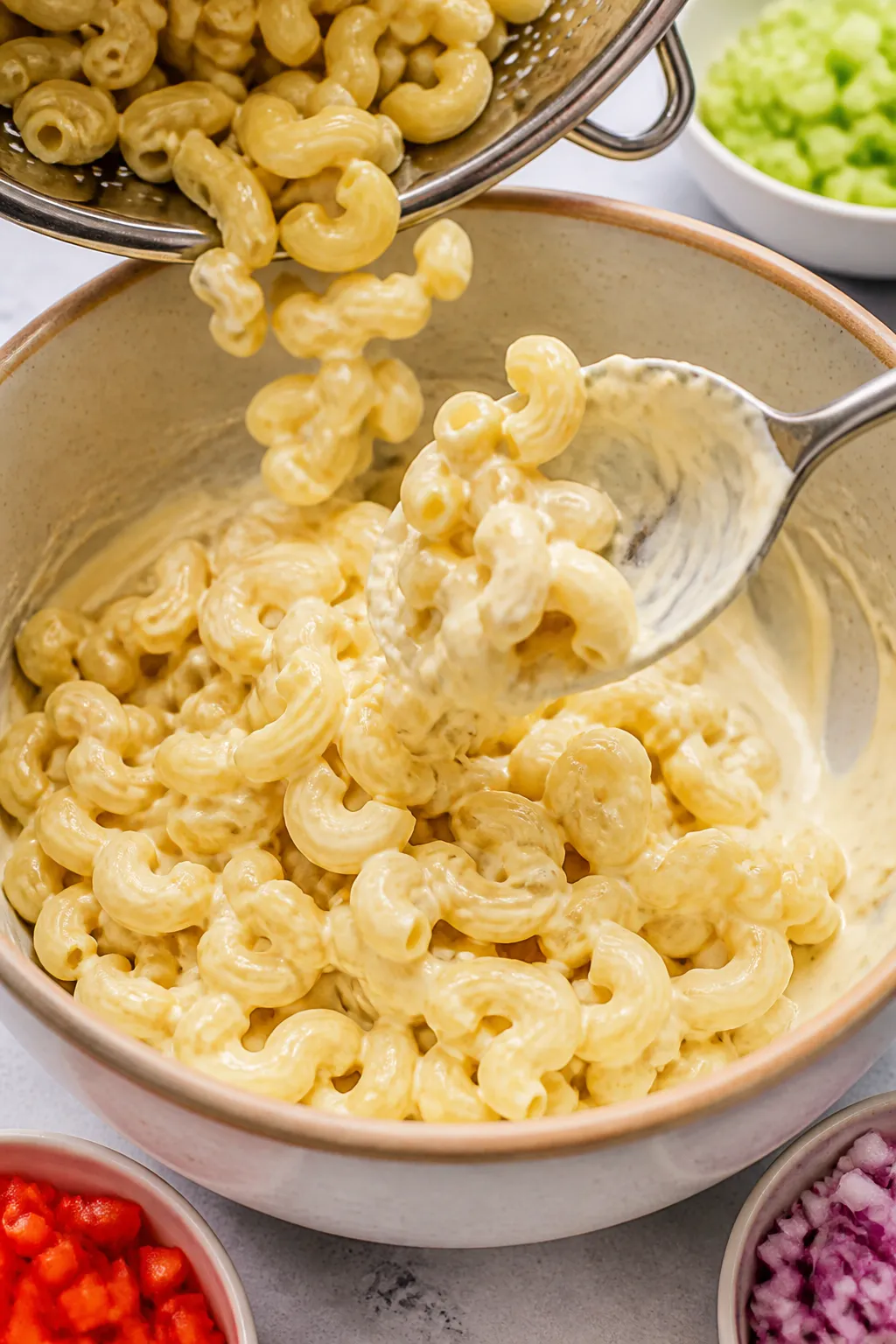 Cooking process, overhead: Al dente elbow macaroni just drained and thoroughly cooled in a wide stai