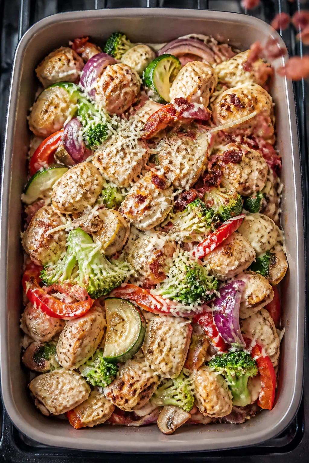 Cooking process: Overhead shot mid-bake momentāfoil just removedācasserole in the pan as a hand