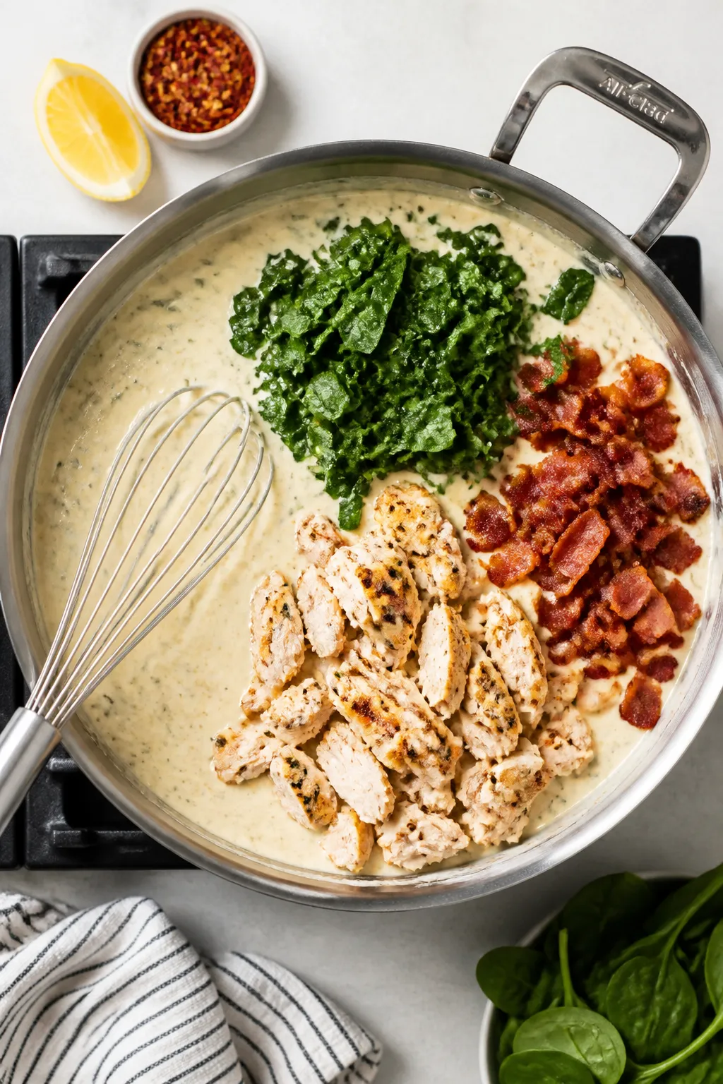 Cooking process: Overhead shot of a large skillet off the heat as Greek yogurt is just whisked into