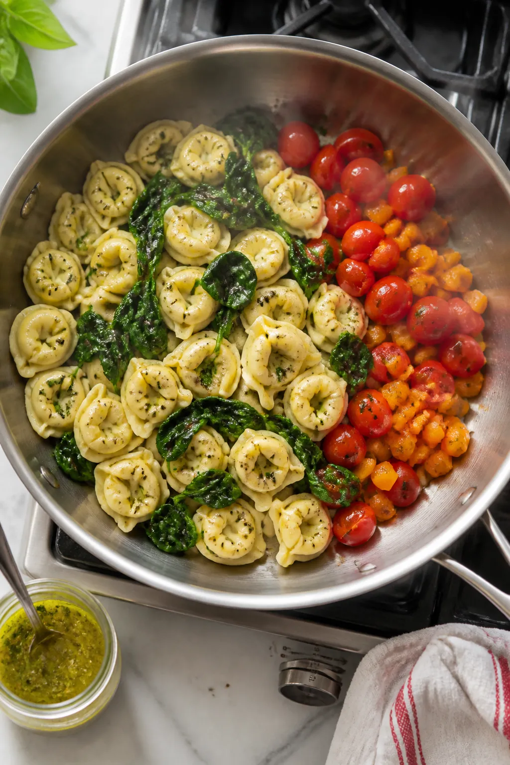 Cooking process: Overhead shot of cheese tortellini just drained and tossed with olive oil in a wide